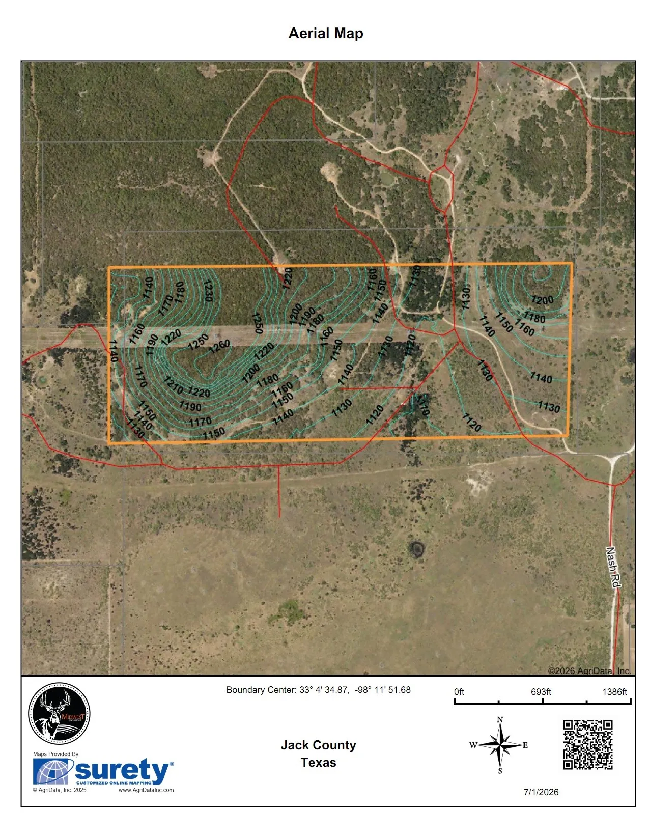Aerial Map. Displaying topographical features and boundary information for the property