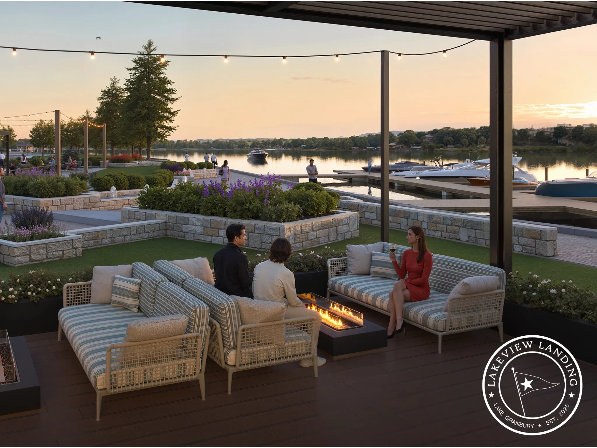 Outdoor gathering spaces offer the perfect place to enjoy the scenic surroundings of Lakeview Landing.