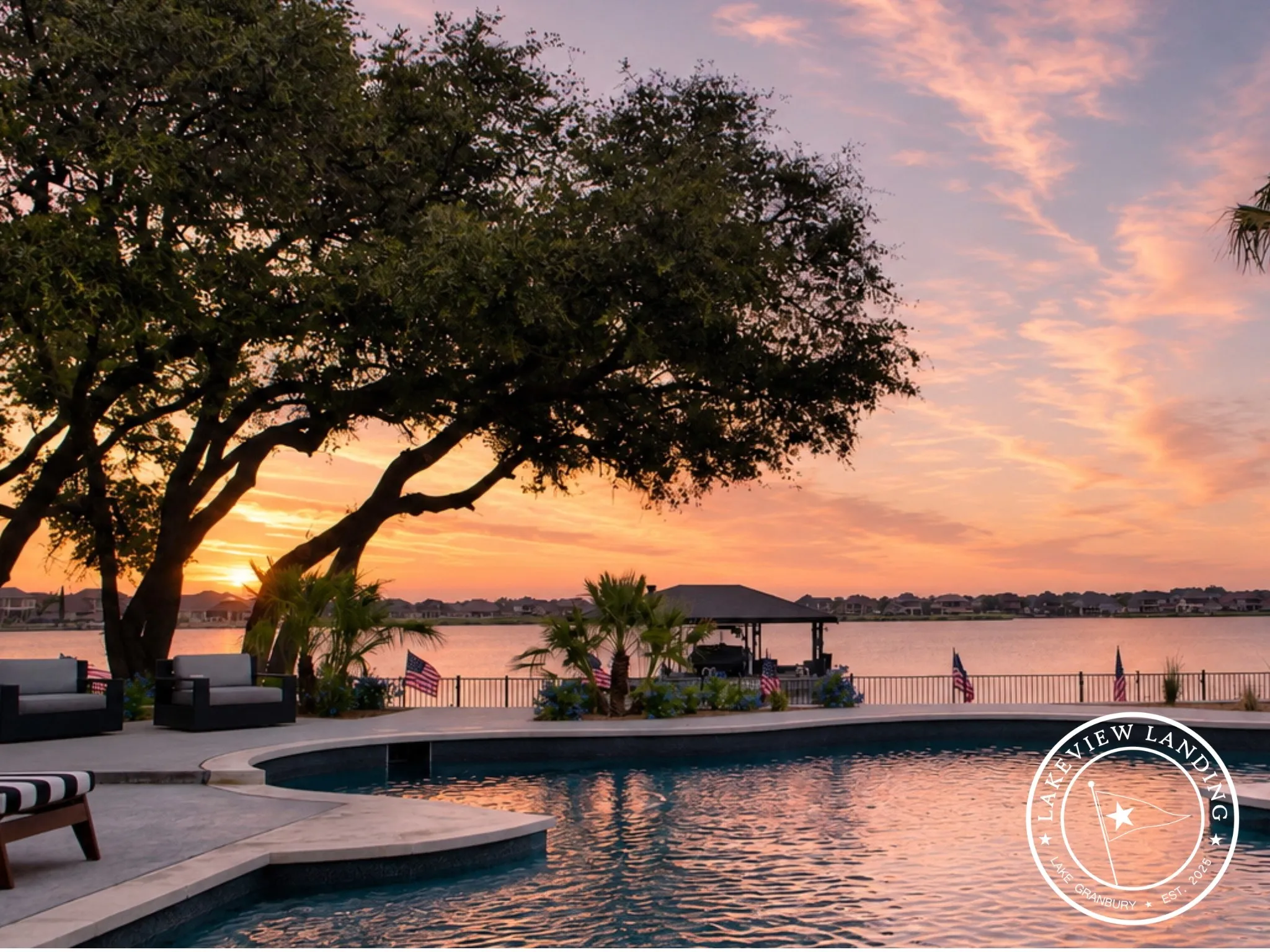 Outdoor living spaces are perfectly positioned to capture panoramic lake views.