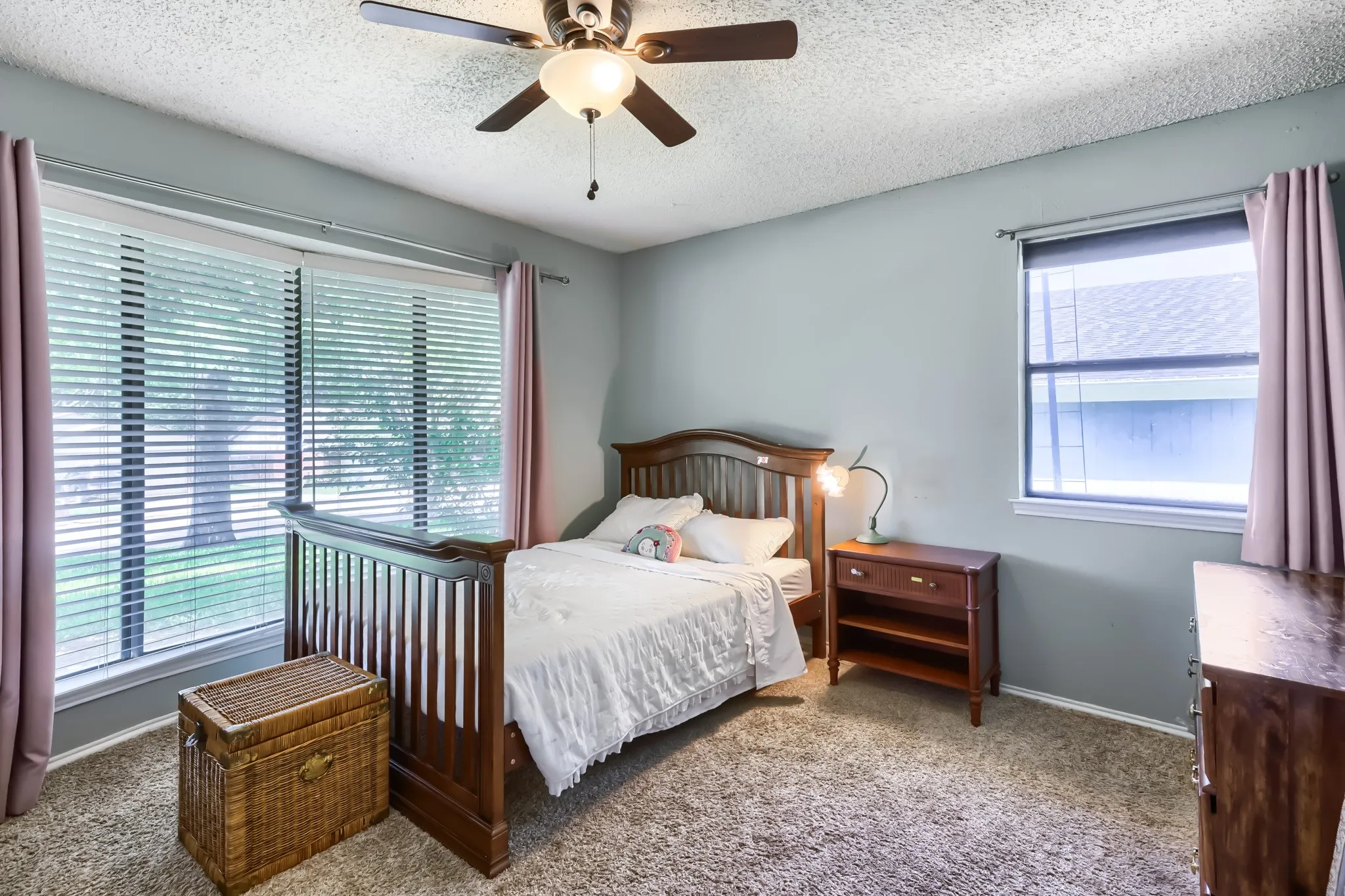 Carpeted room featuring a ceiling fan with light fixture, light gray wall paint, and multiple windows with blinds