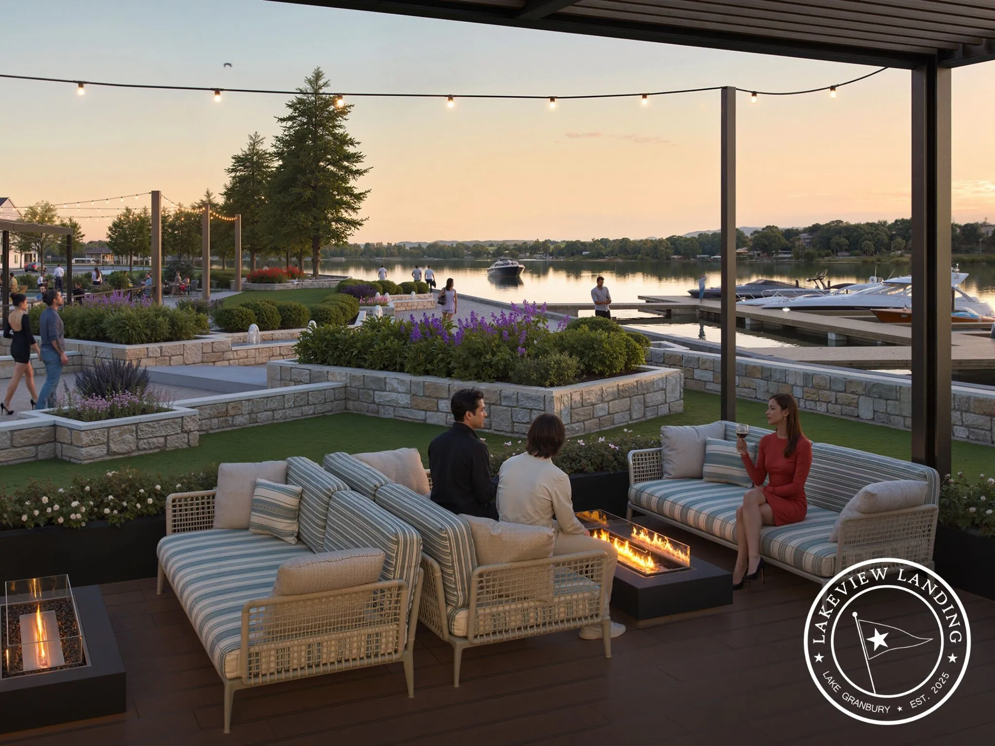 Outdoor gathering spaces offer the perfect place to enjoy the scenic surroundings of Lakeview Landing.