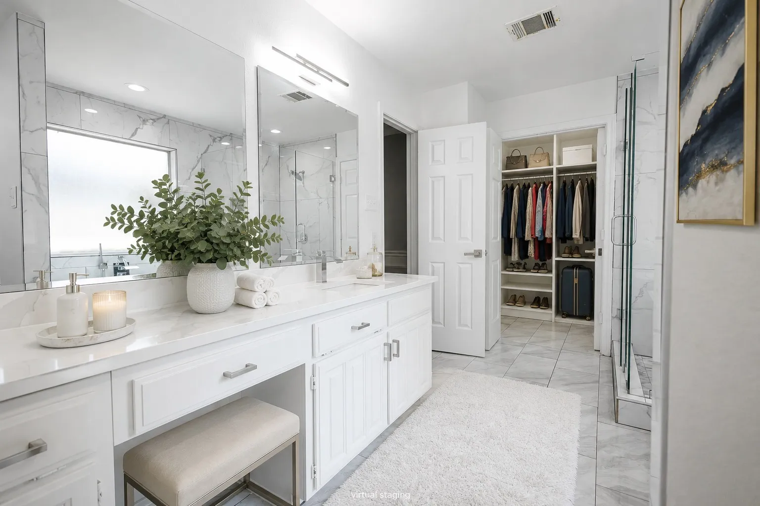 Primary bath offers double sinks, vanity, linen closet, walk in shower, soaker tub, and a huge walk in closet