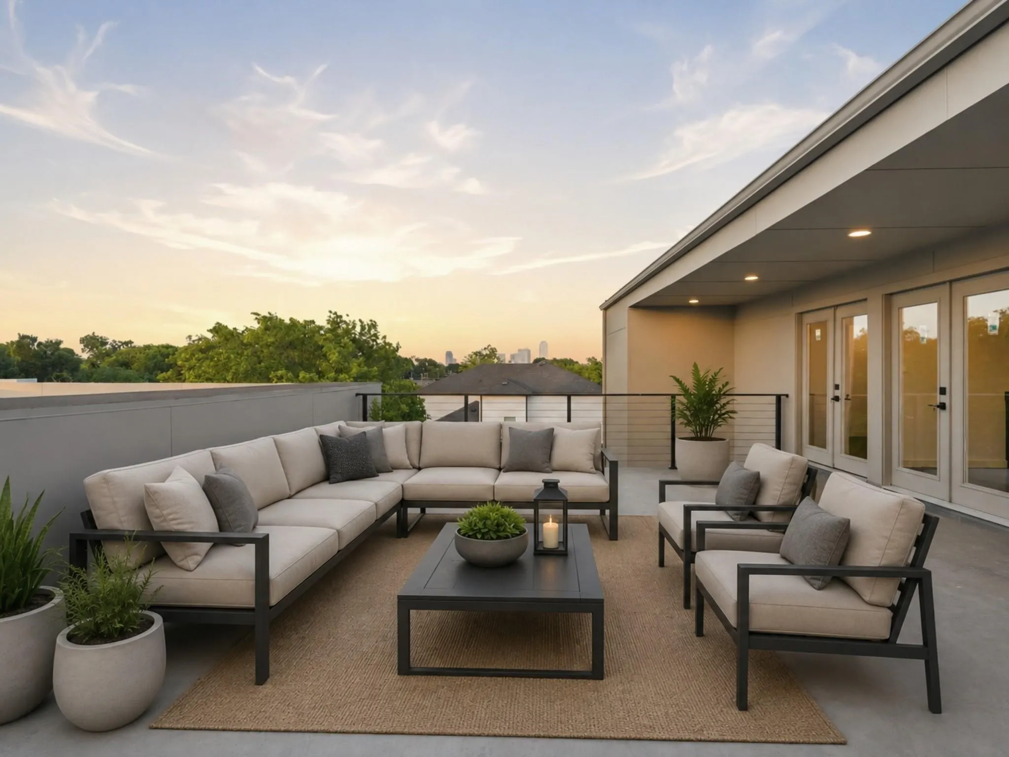 Rooftop patio featuring expansive outdoor living space, contemporary flat roofline, modern railing, recessed lighting, and multiple sets of French doors