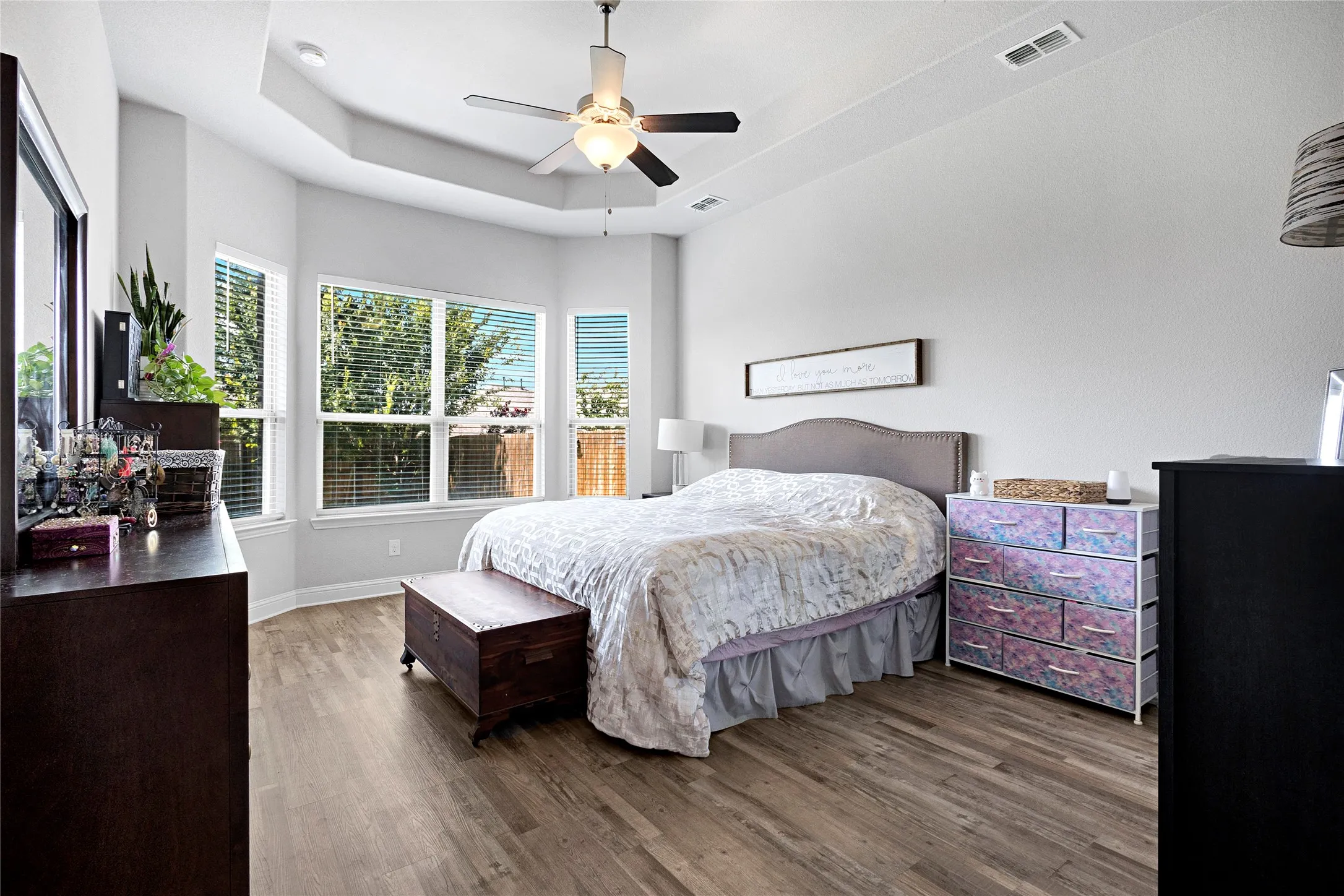 Spacious bedroom featuring multiple windows, wood-finish flooring, a tray ceiling, and a ceiling fan with integrated lighting