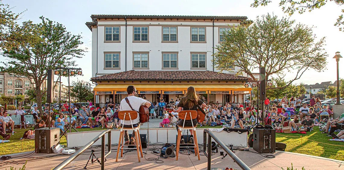 Lakeside Village is a walkable community with shopping, dining, and live music.