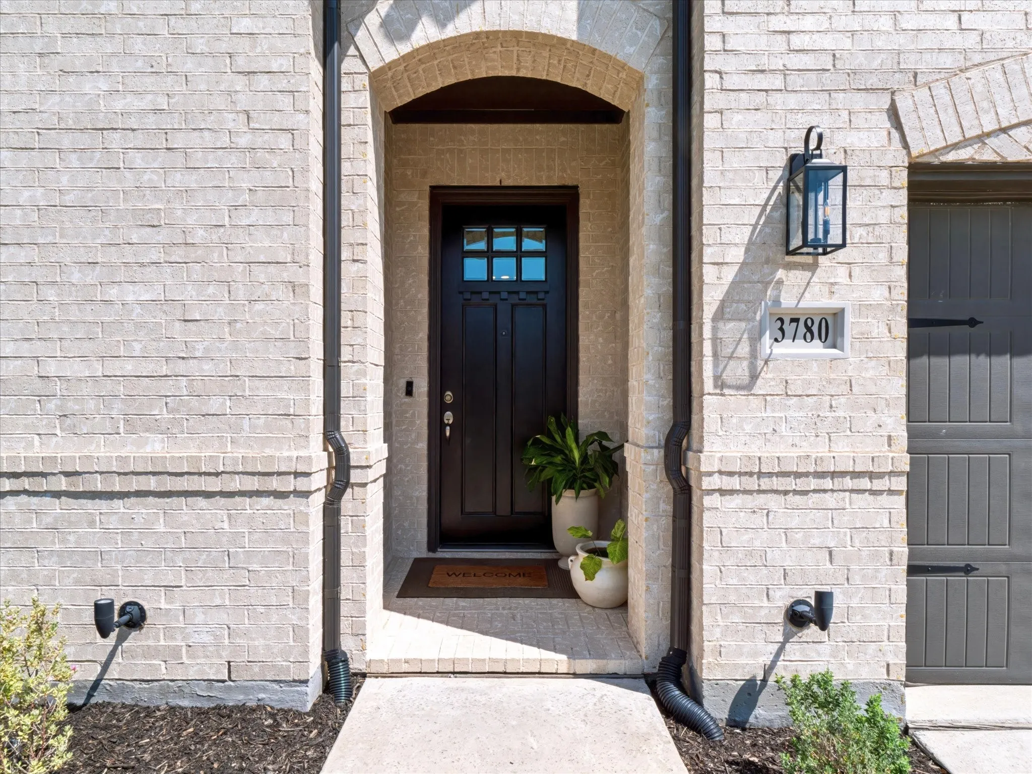Arched entryway with a dark wood-finish door and upper glass panels