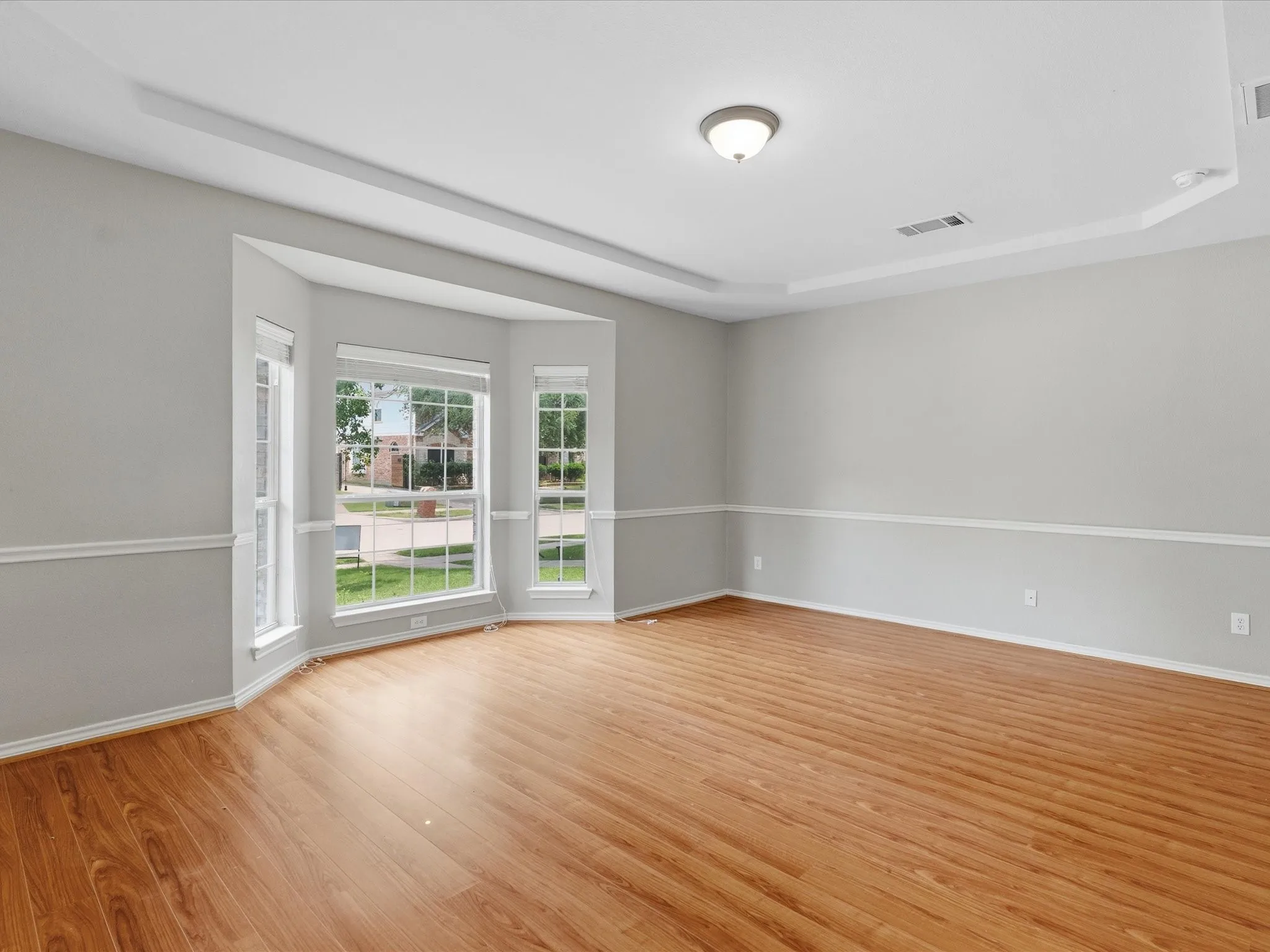 Spacious room featuring wood-finish flooring, a tray ceiling, and a bay window with multiple panes