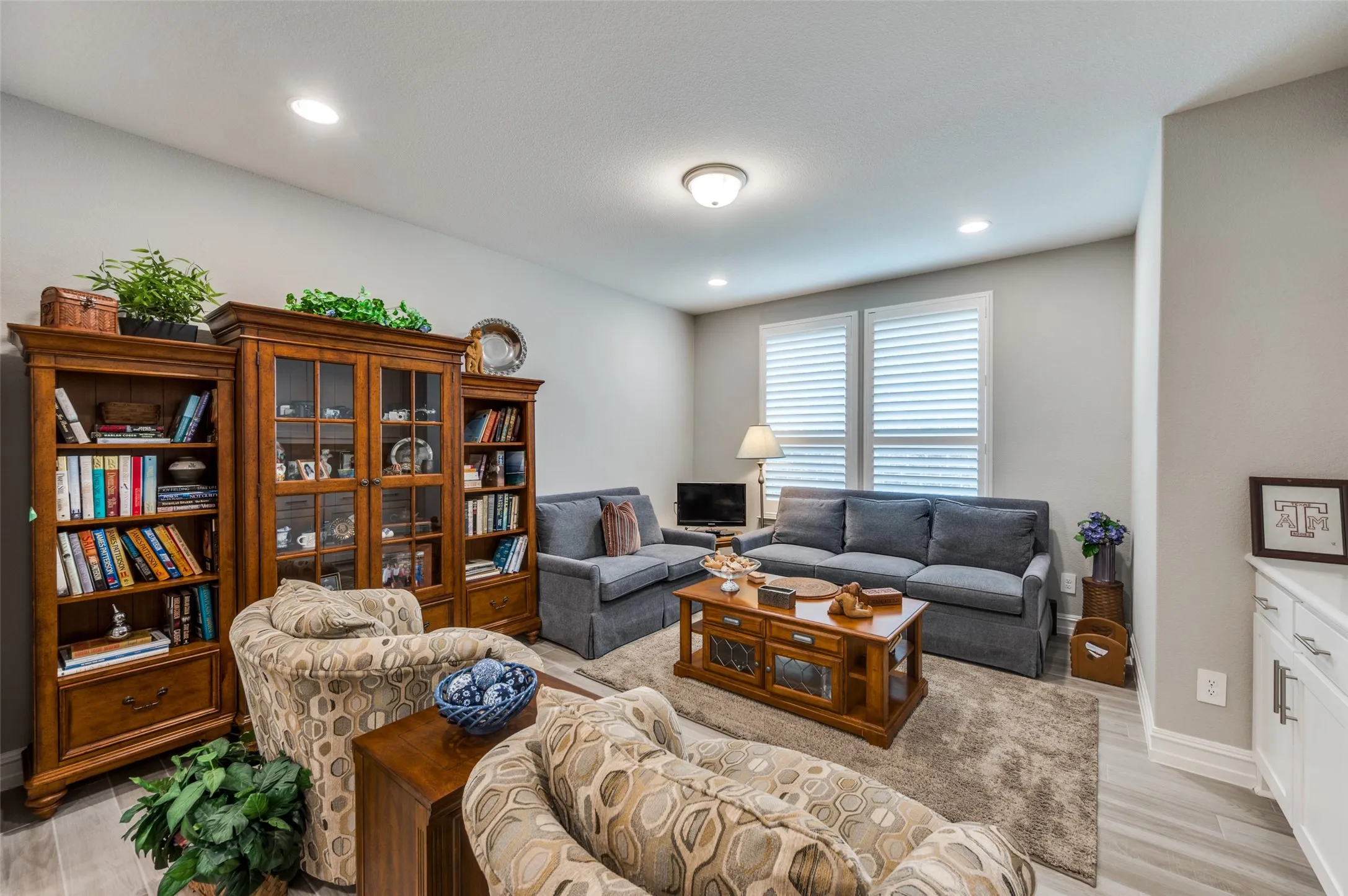 Living area with recessed lighting and a central ceiling light fixture