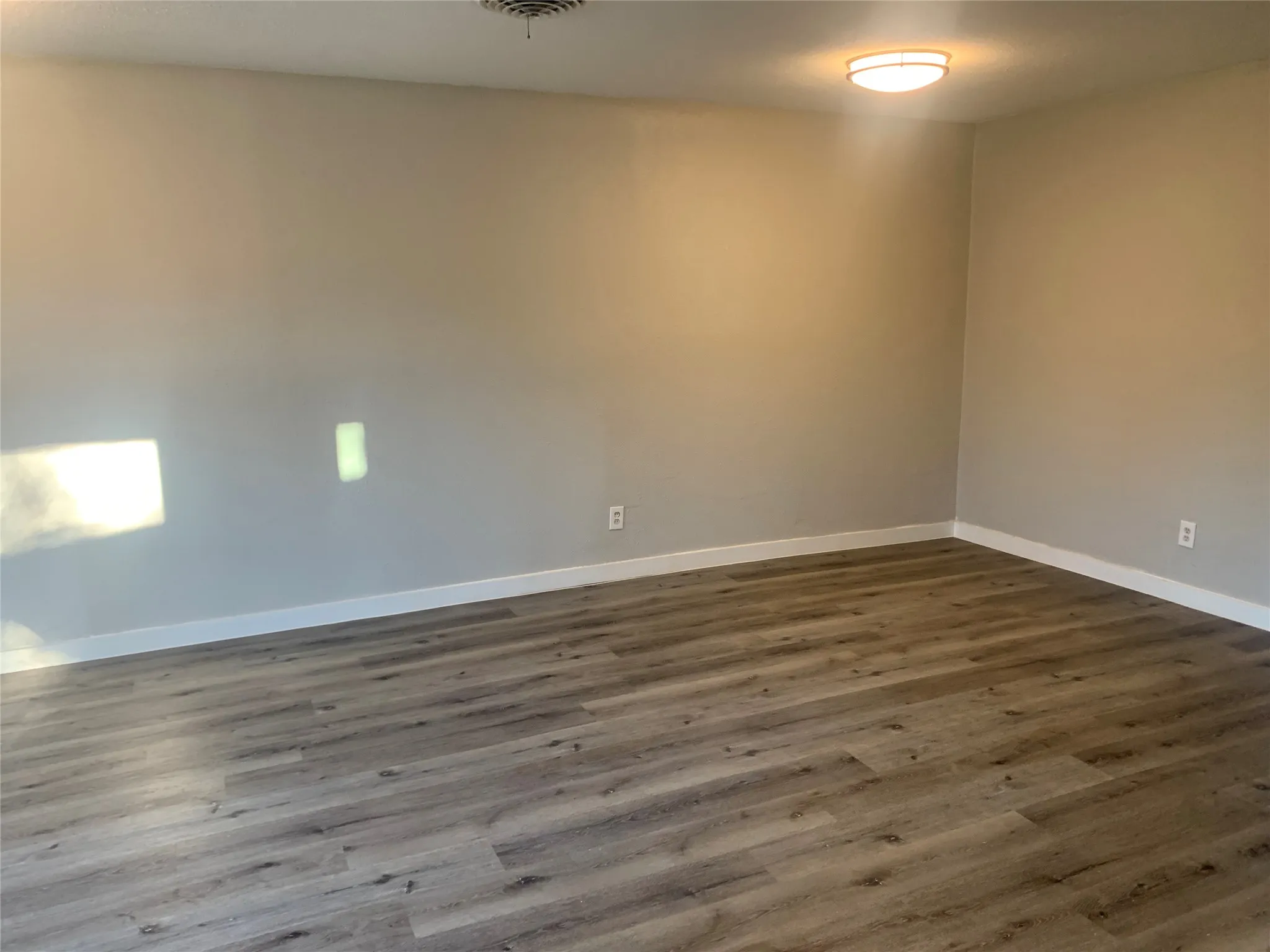 Spacious room featuring wood-finish flooring, light grey walls, white baseboards, and a flush-mount ceiling light fixture