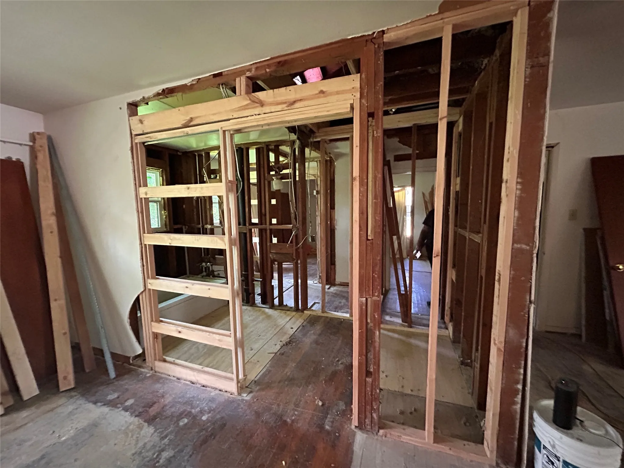 Interior framing with exposed wooden studs