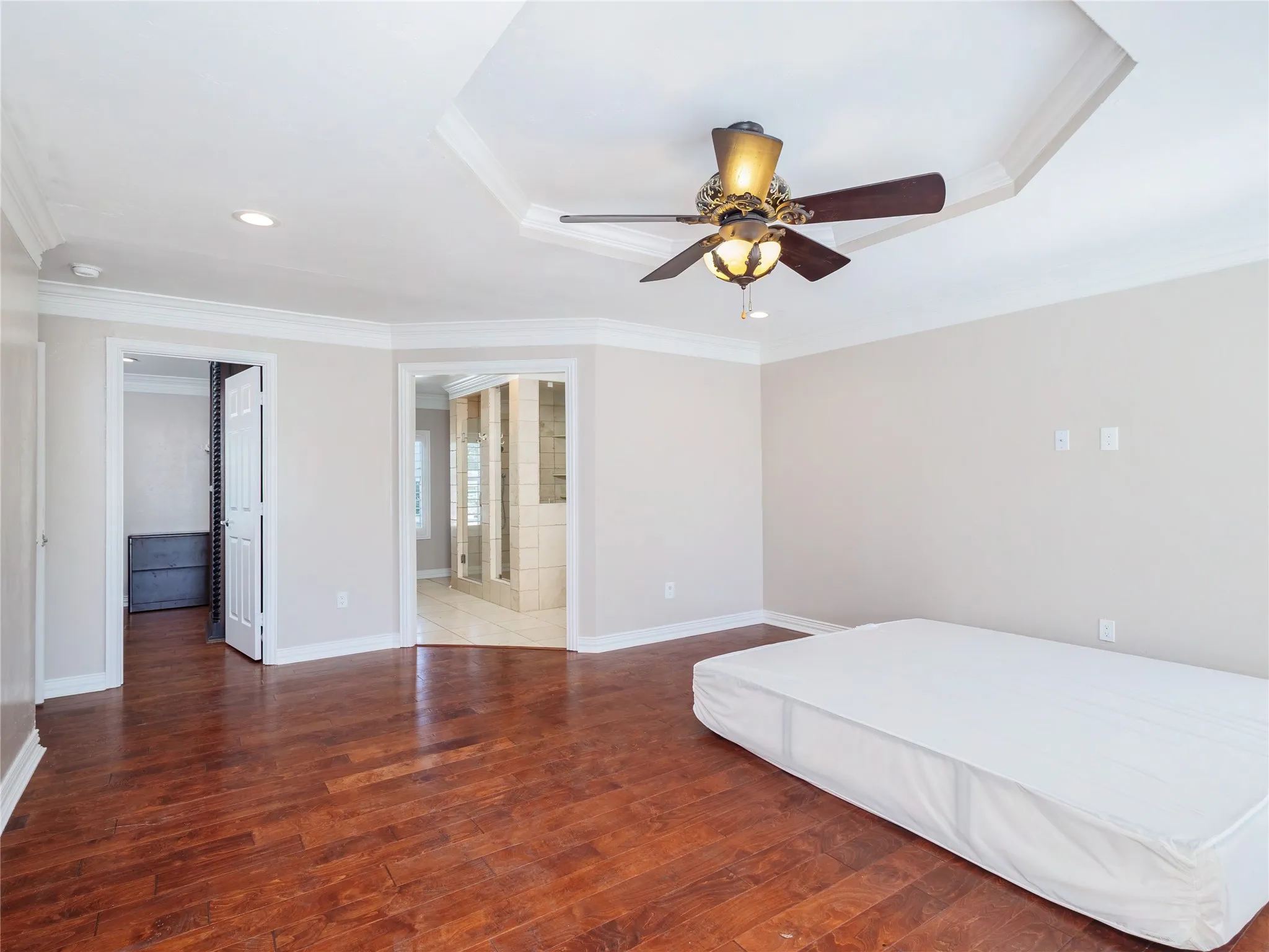 Spacious room featuring wood-finish flooring, a tray ceiling with a ceiling fan, and crown molding