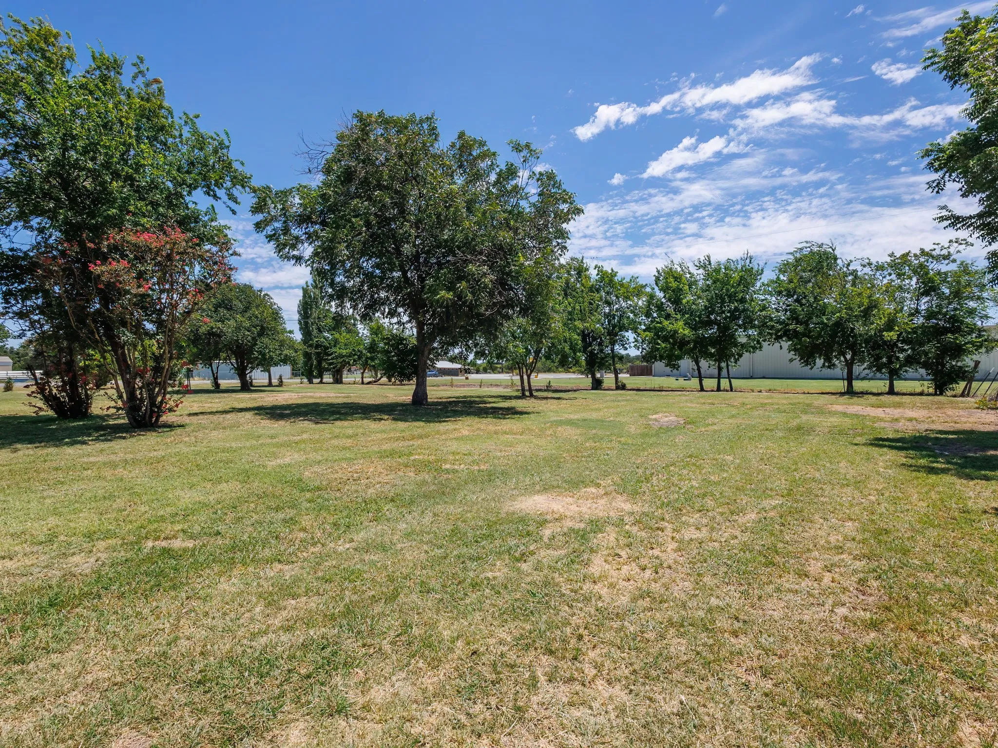 Expansive grassy yard with mature trees providing natural shading