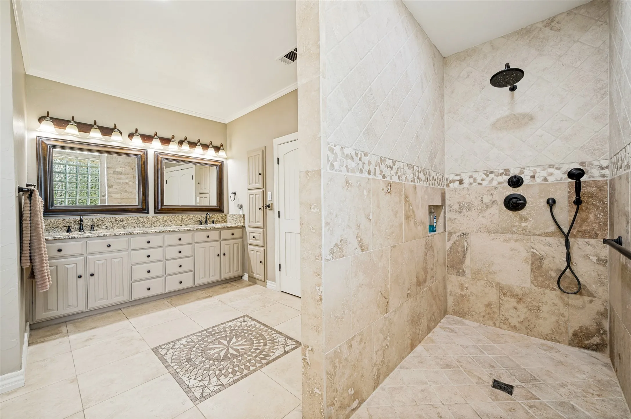Beautiful walk-in shower - without a step to get into it.