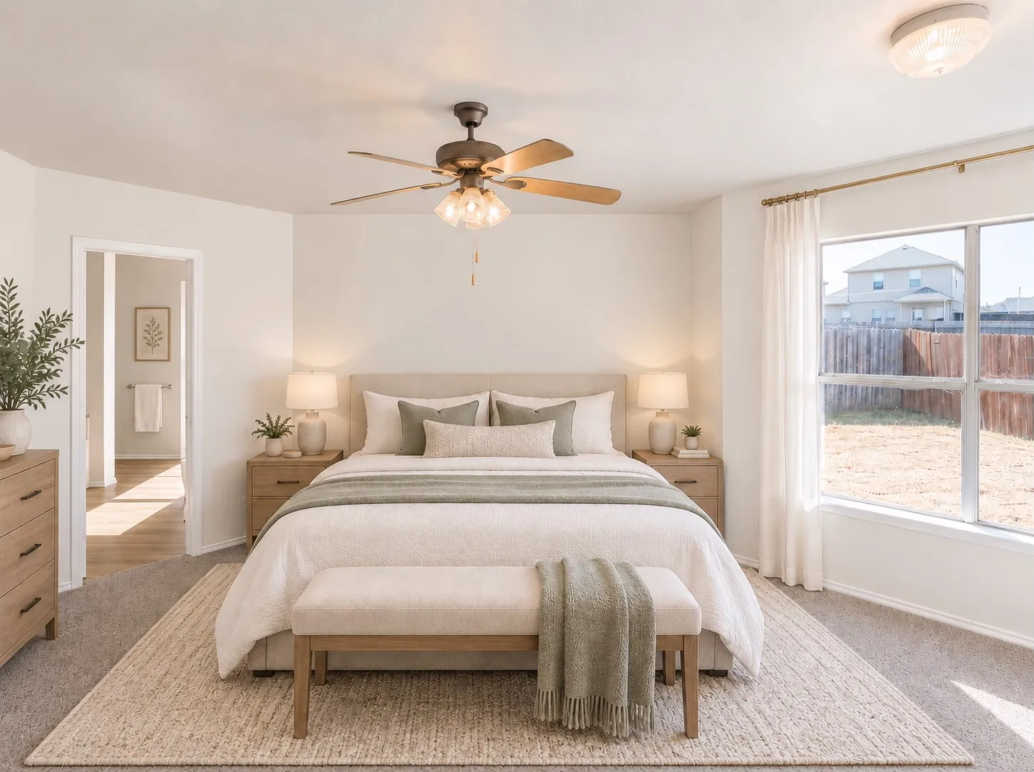 Virtually staged primary bedroom on the 1st floor