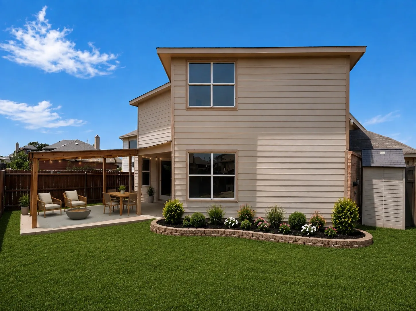 Virtually Staged Outdoor Covered Patio and Landscaping
