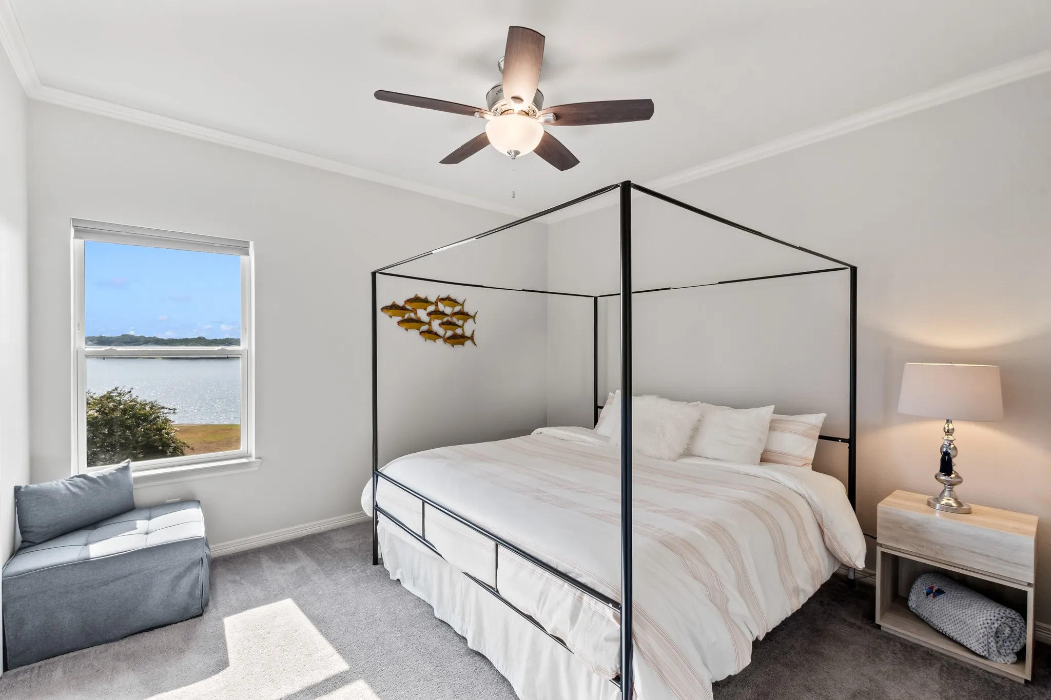 Upstairs bedroom with elevated water views