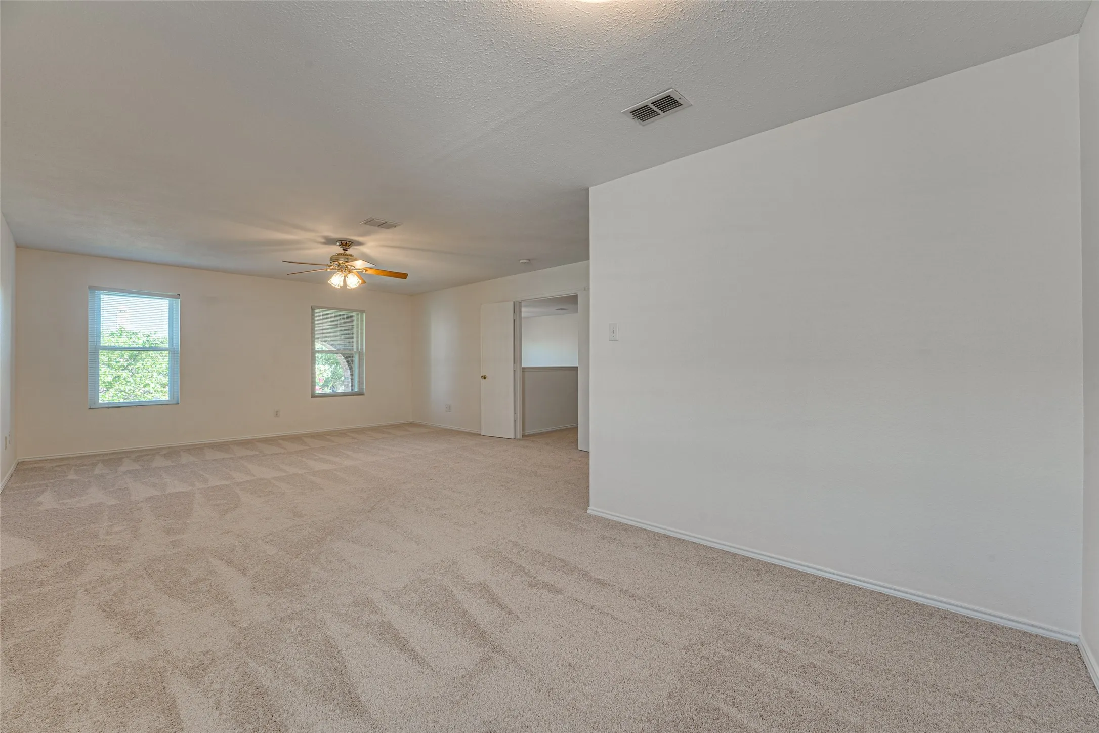Spacious room featuring neutral carpeting, light-toned walls, and two windows providing natural illumination