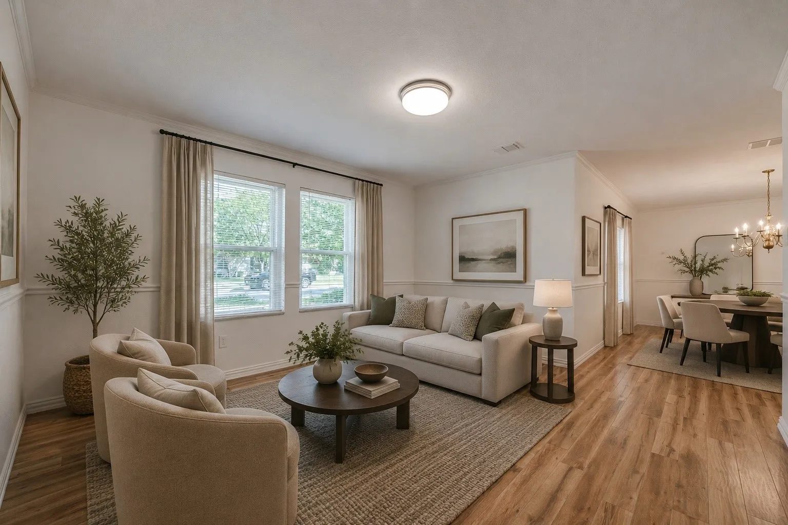 Living area with wood-finish flooring, crown molding, and two large double-hung windows