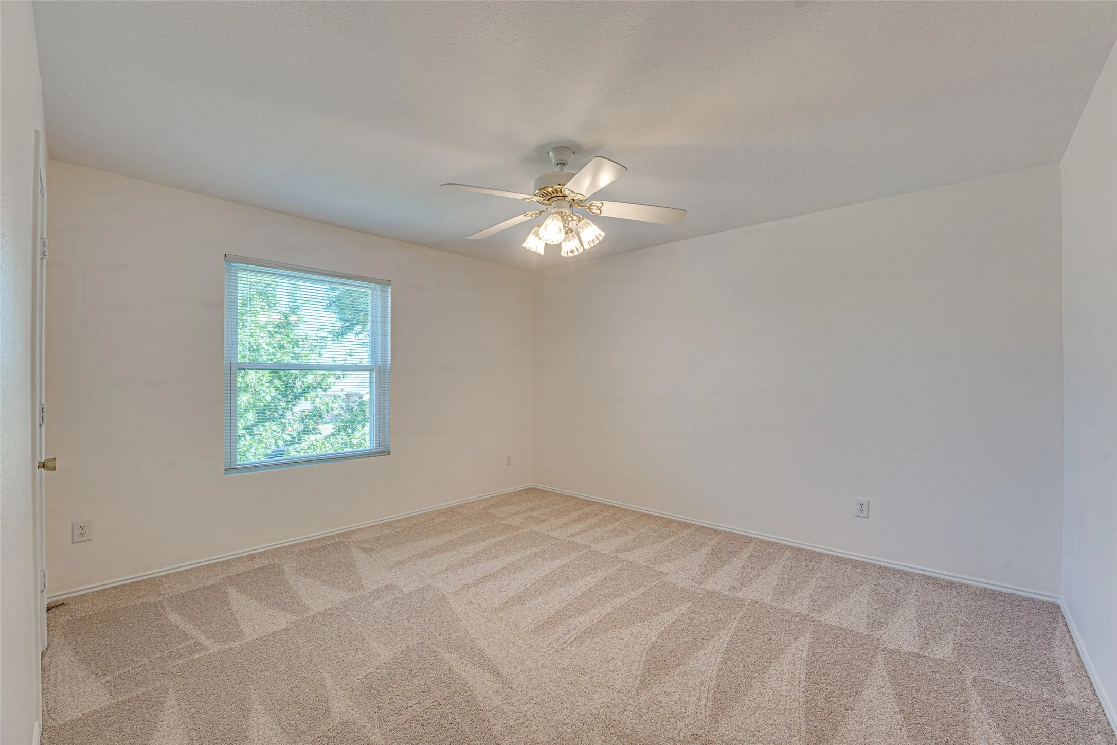 Spacious room featuring neutral carpeting, a large window, and a ceiling fan with integrated lighting