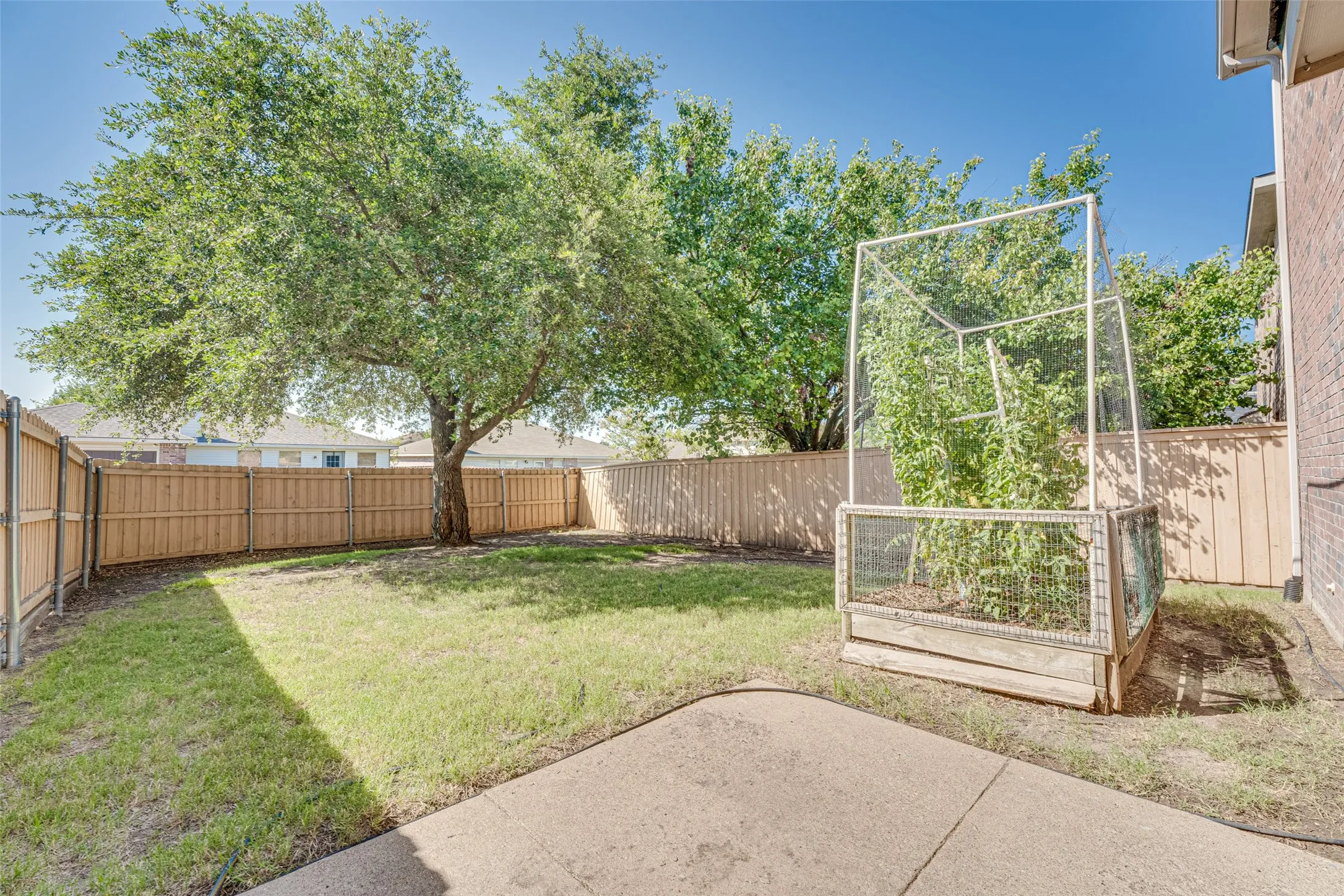 Private backyard featuring a concrete patio, wood privacy fencing, and a mature shade tree