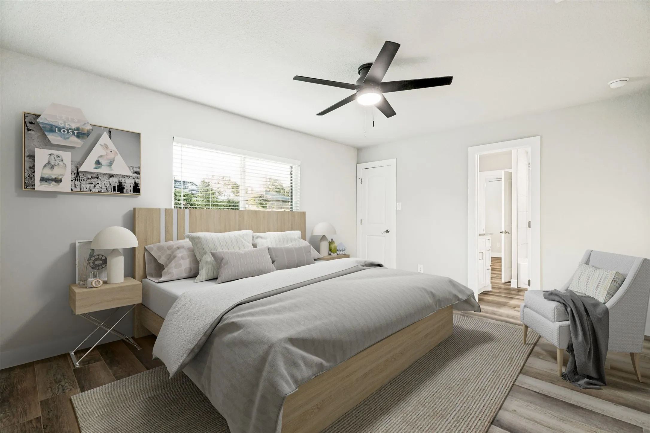 Virtually Staged-Bright bedroom featuring wood-finish flooring, a ceiling fan with integrated lighting, and a window with horizontal blinds