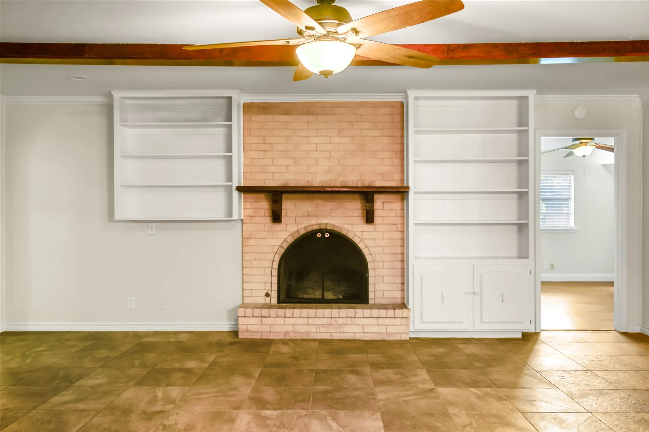 Living room fire place from kitchen