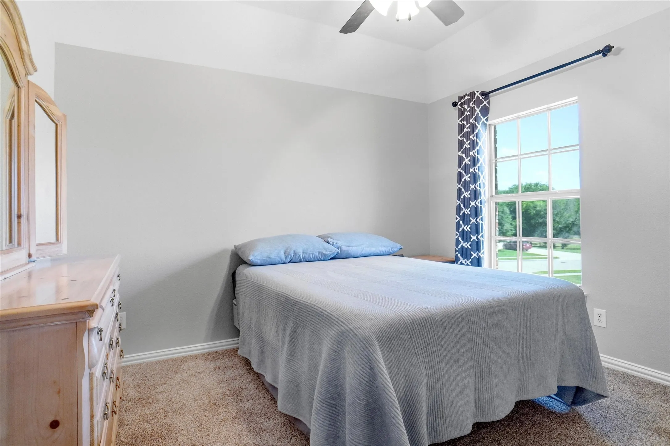 Carpeted room with a ceiling fan, a window with gridded panes, and window treatments