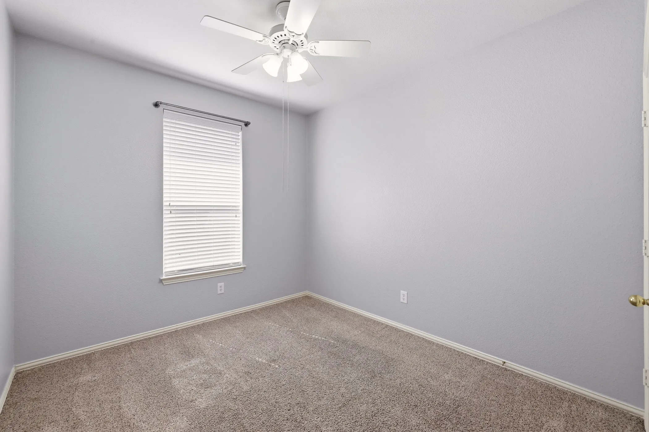 Carpeted room featuring a single window with horizontal blinds, a ceiling fan, and light gray walls with white baseboards