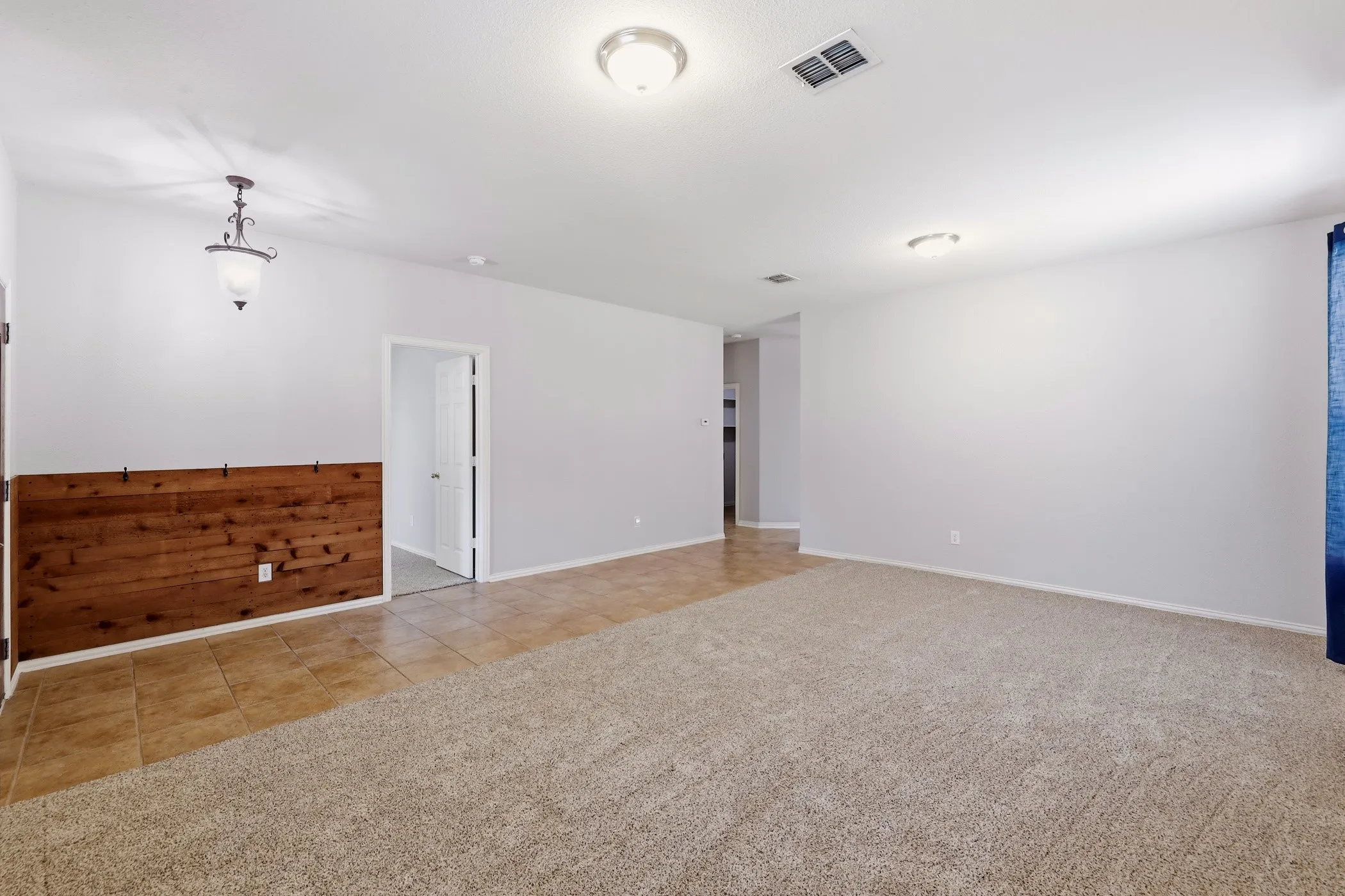 Spacious room featuring neutral paint, mixed flooring with carpet and tile, a wood-paneled accent wall, and a decorative pendant light fixture