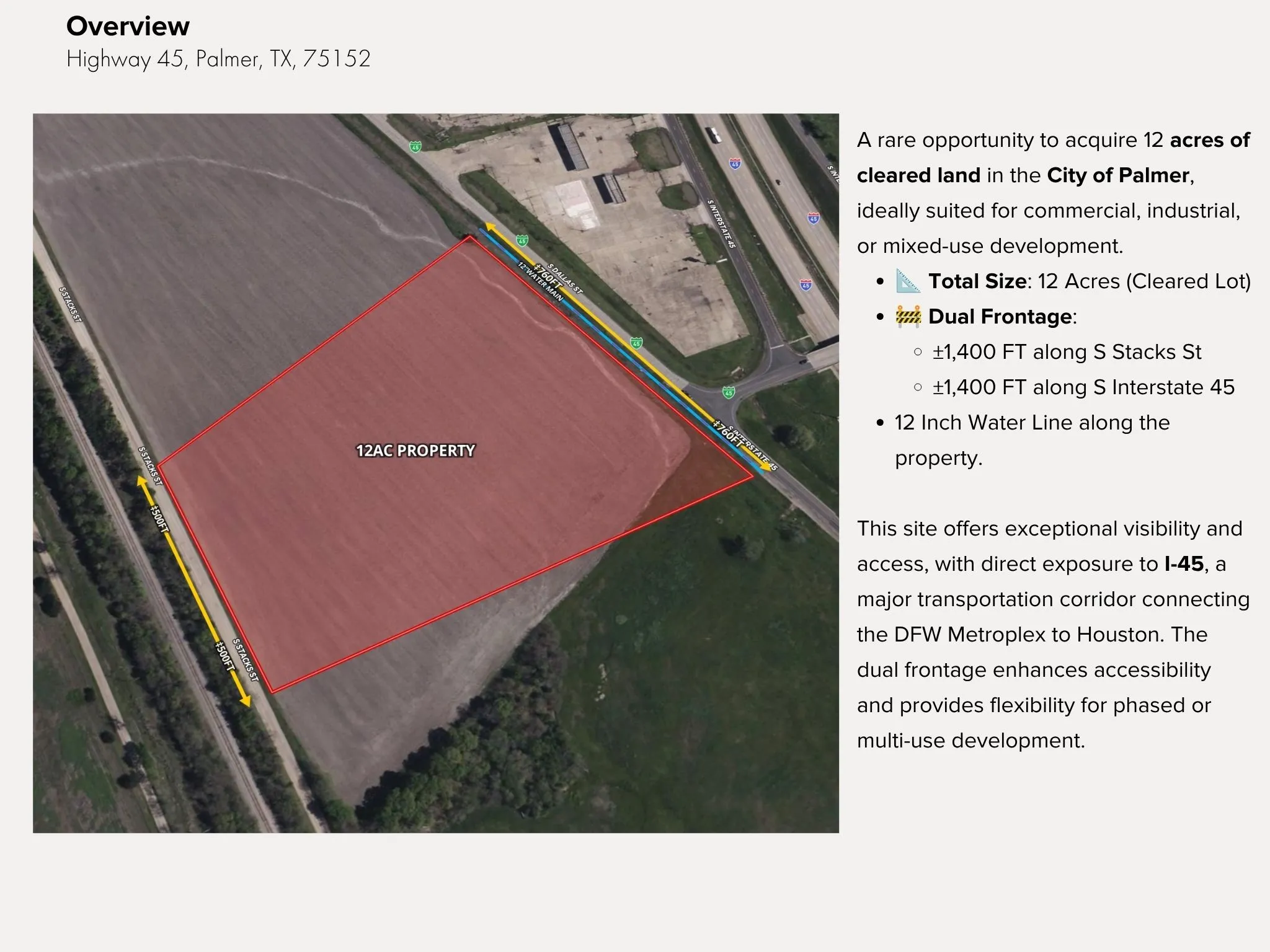 Unimproved Land For Sale in Ellis County , TBD I-45, Palmer, Texas 75152, 0, 0, Garage spaces, 0 Sqft, built in 0, Price $1,560,000, mls#21321477, Real Estate Agent in Palmer, Homes For Sale in Ellis county, Homes For Sale in Palmer, Realtor in Palmer Texas, Real Estate Brokerage Independent Realty Texas, Luminita Cordes Realtor