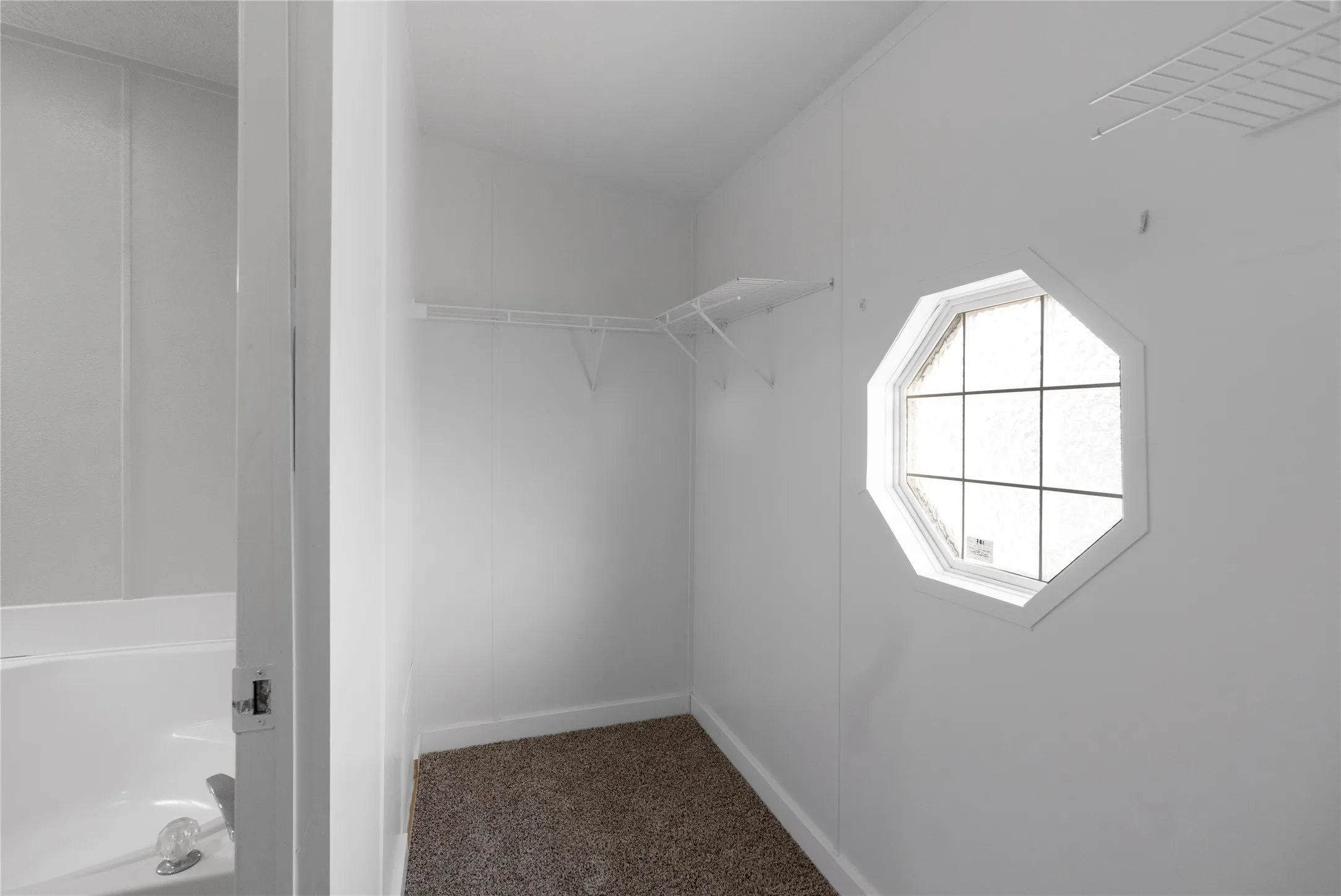 Second primary walk-in closet located at the end of the bathroom featuring an octagonal window, wire shelving, and neutral carpeting