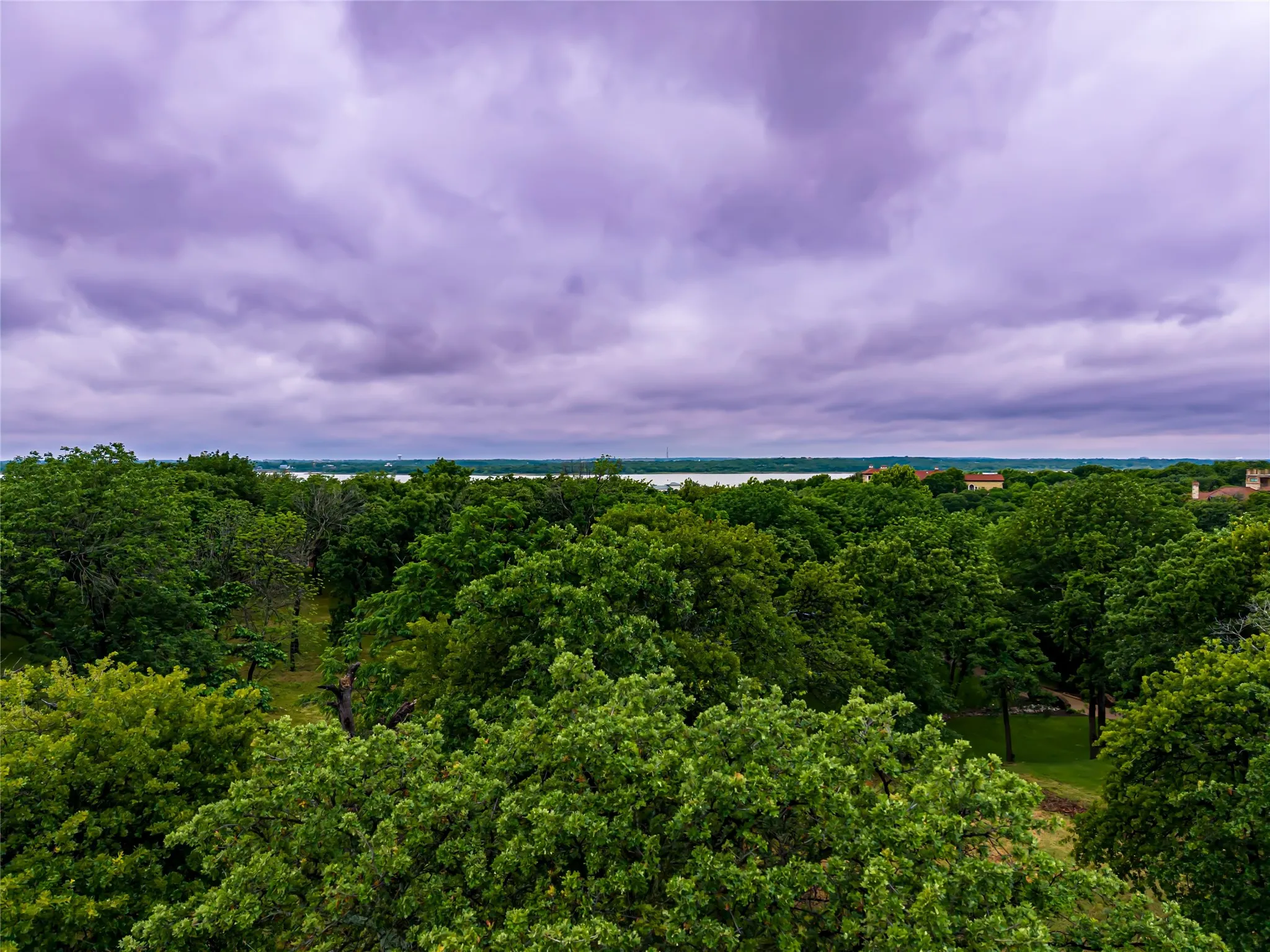 Evening sky over the wooded homesite, with the lake visible on the horizon