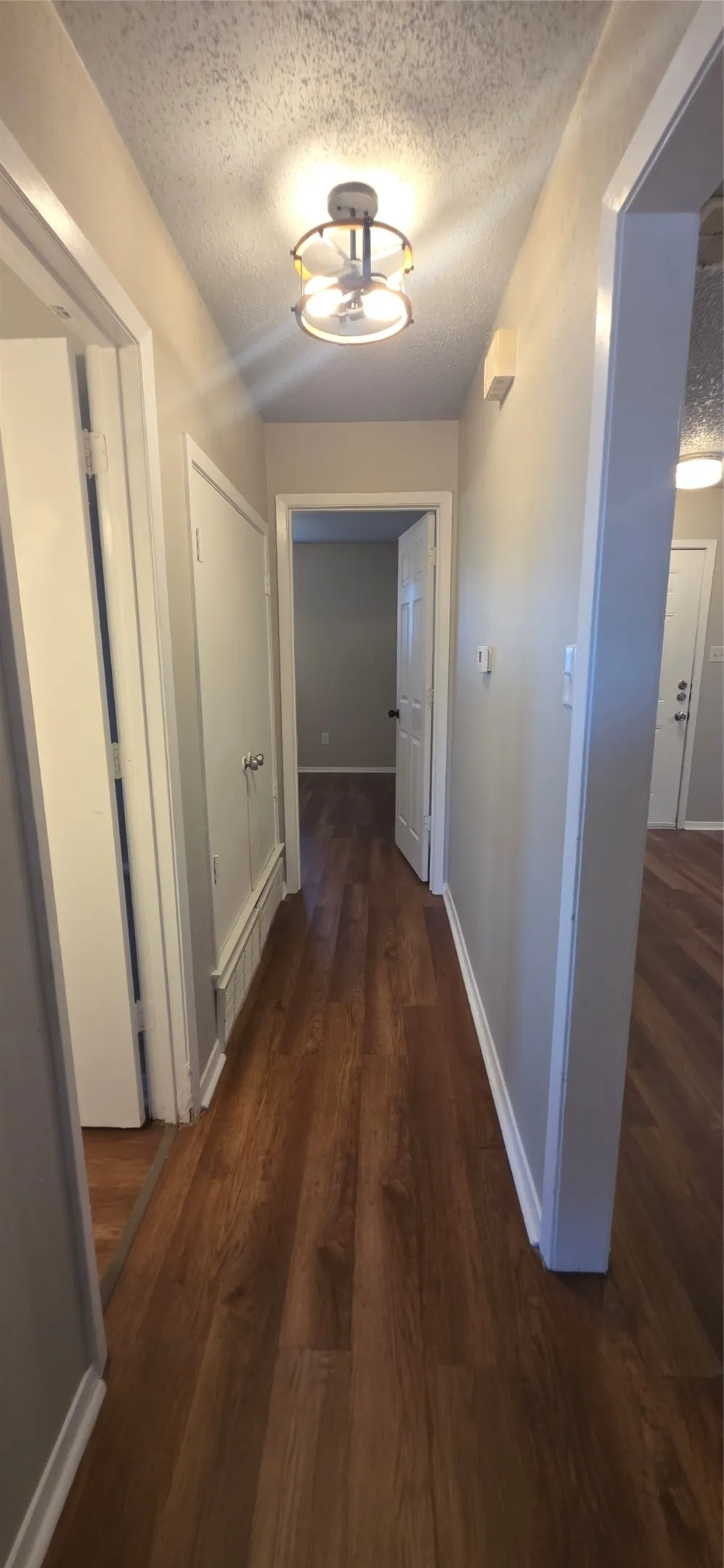 Wood-finish flooring throughout, light neutral wall paint, and a semi-flush ceiling light fixture