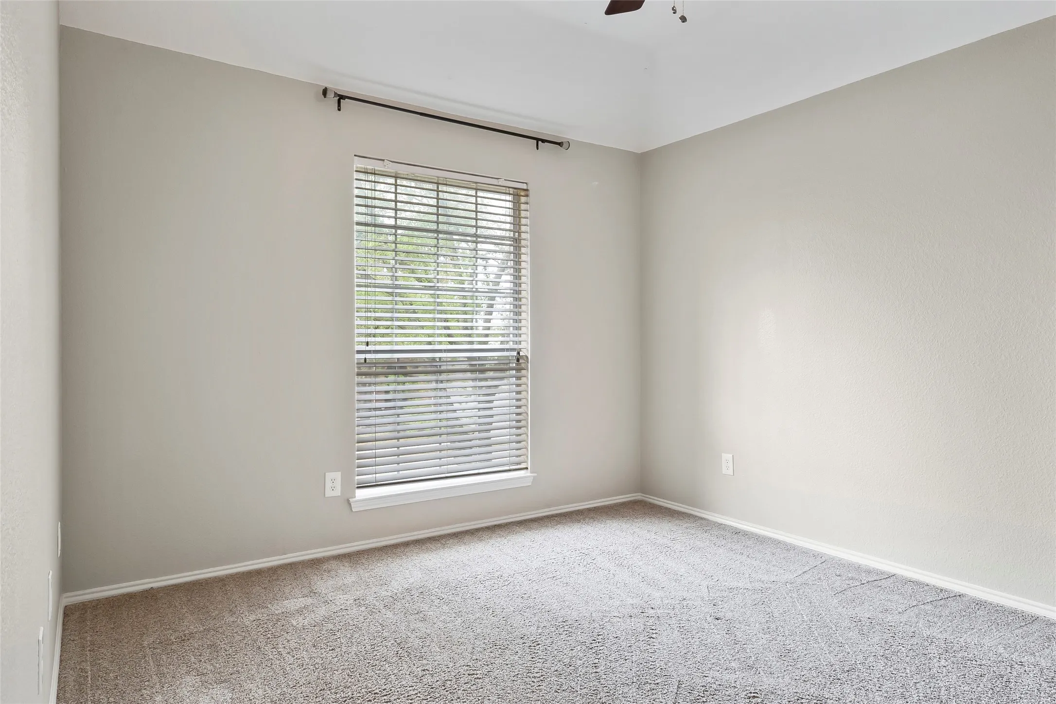 Carpeted room featuring a single window with horizontal blinds and a neutral color palette