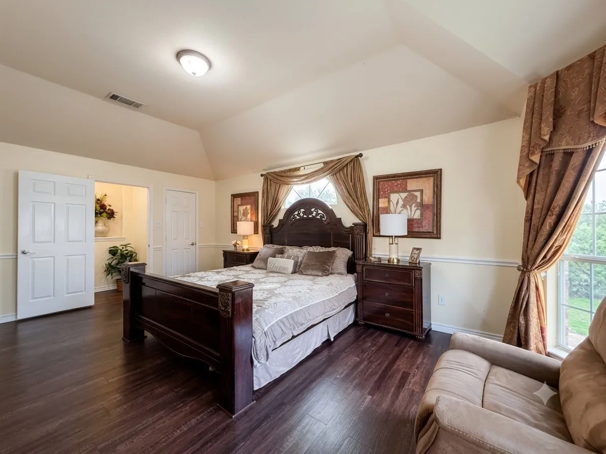 Spacious primary bedroom featuring a dark wood four-poster canopy bed, dual nightstands with task lighting, and hardwood flooring throughout