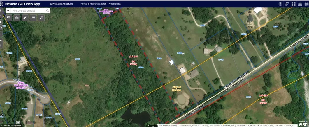 Navarro CAD Web App. Displaying an aerial view of the property with identified boundaries and features