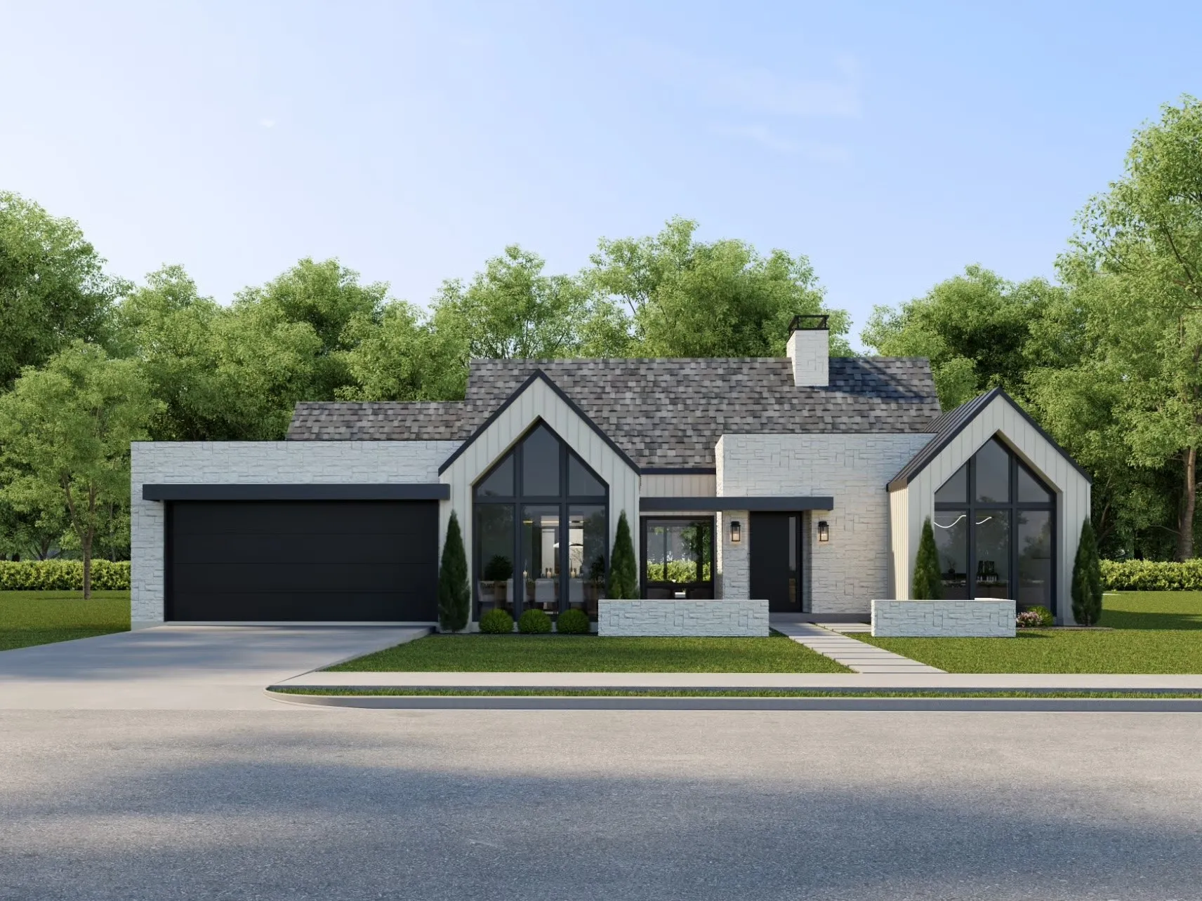 Modern contemporary exterior featuring white stone cladding and dark trim accents