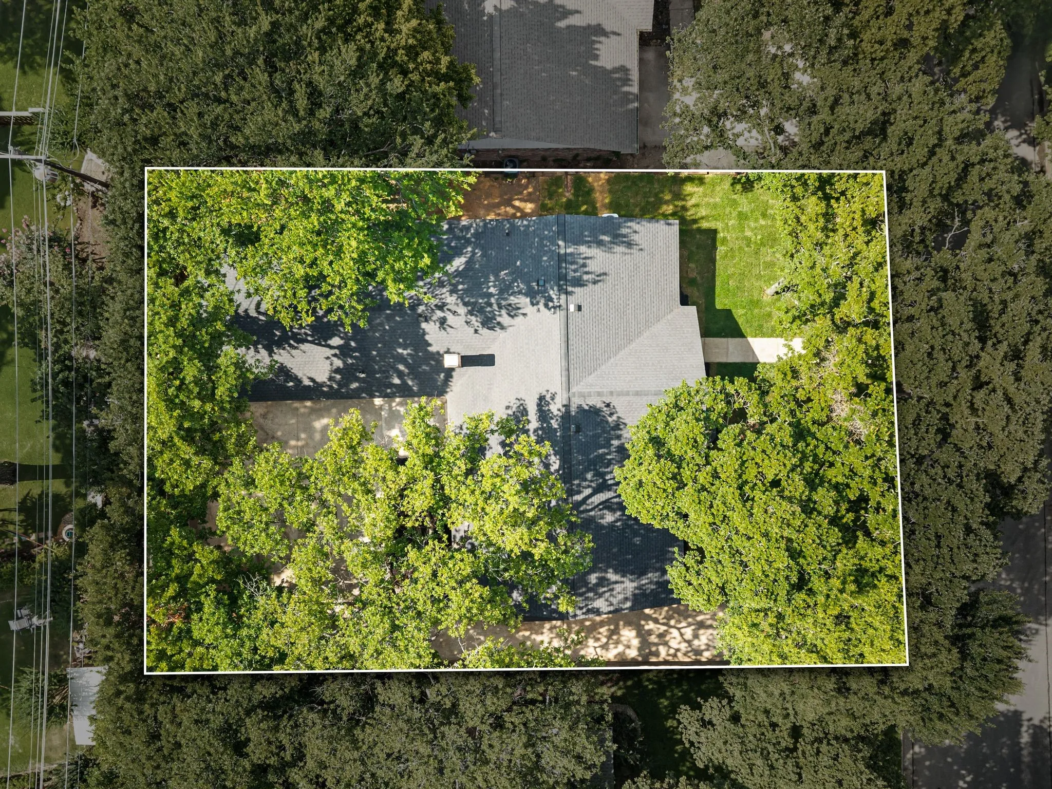 The aerial view reveals the home’s private setting, mature canopy, and efficiently designed, low-maintenance outdoor space.