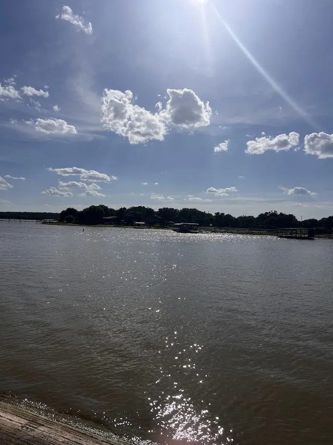 Waterfront setting featuring a distant treeline and buildings across the water