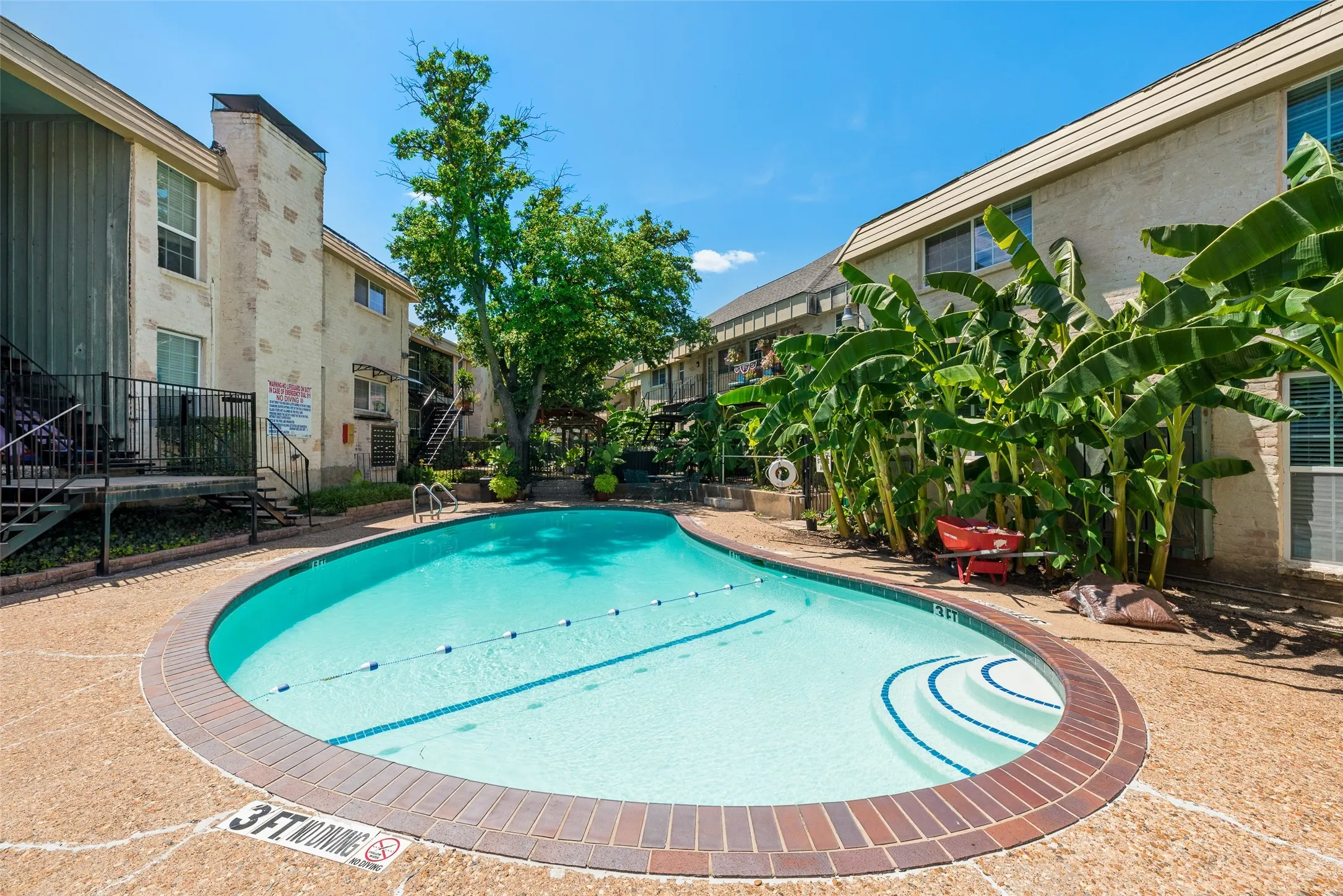 Curved swimming pool with integrated steps and a brick coping