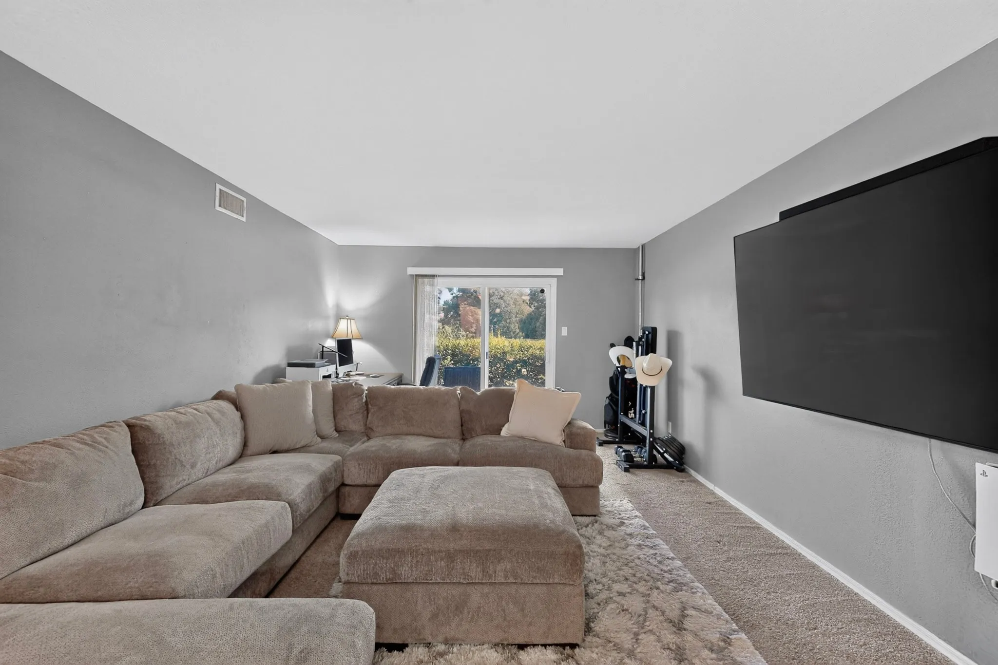 Living area featuring neutral wall tones, carpet flooring, and a sliding glass door