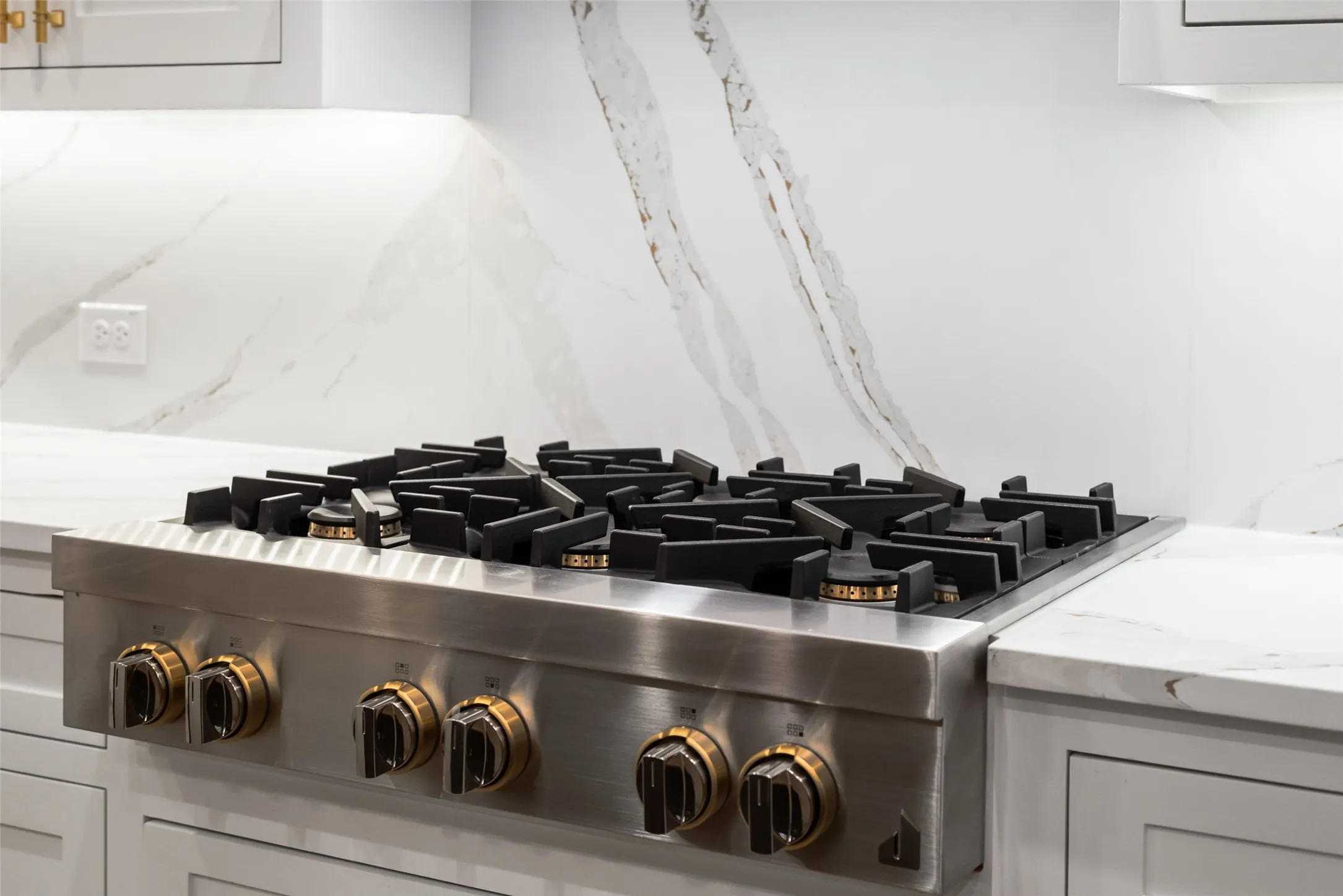 Stainless steel range with gold-tone accents