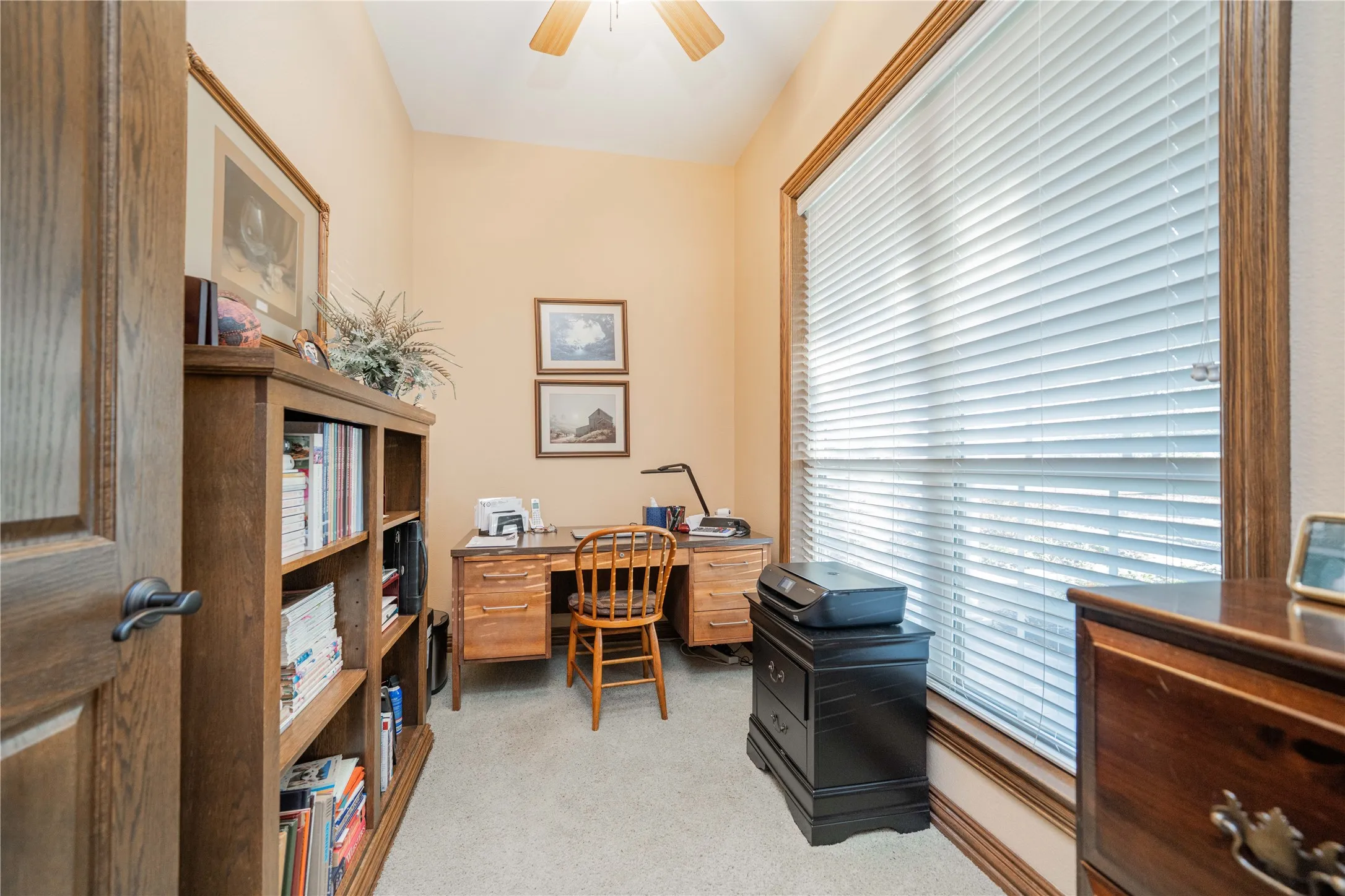 Dedicated room featuring a large window with horizontal blinds, wood trim, and neutral-toned carpeting