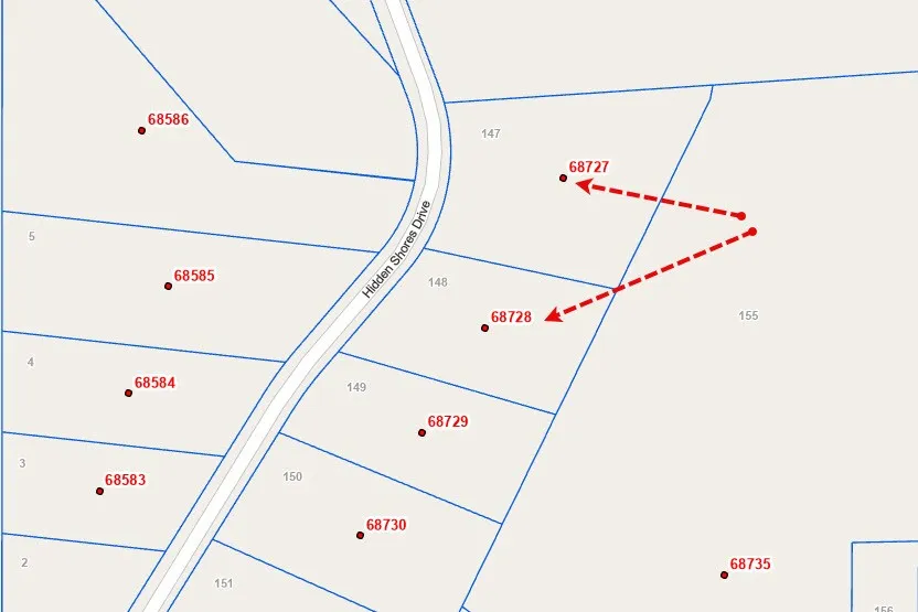 Plat Map. Illustrating property divisions and boundaries along Hidden Shores Drive