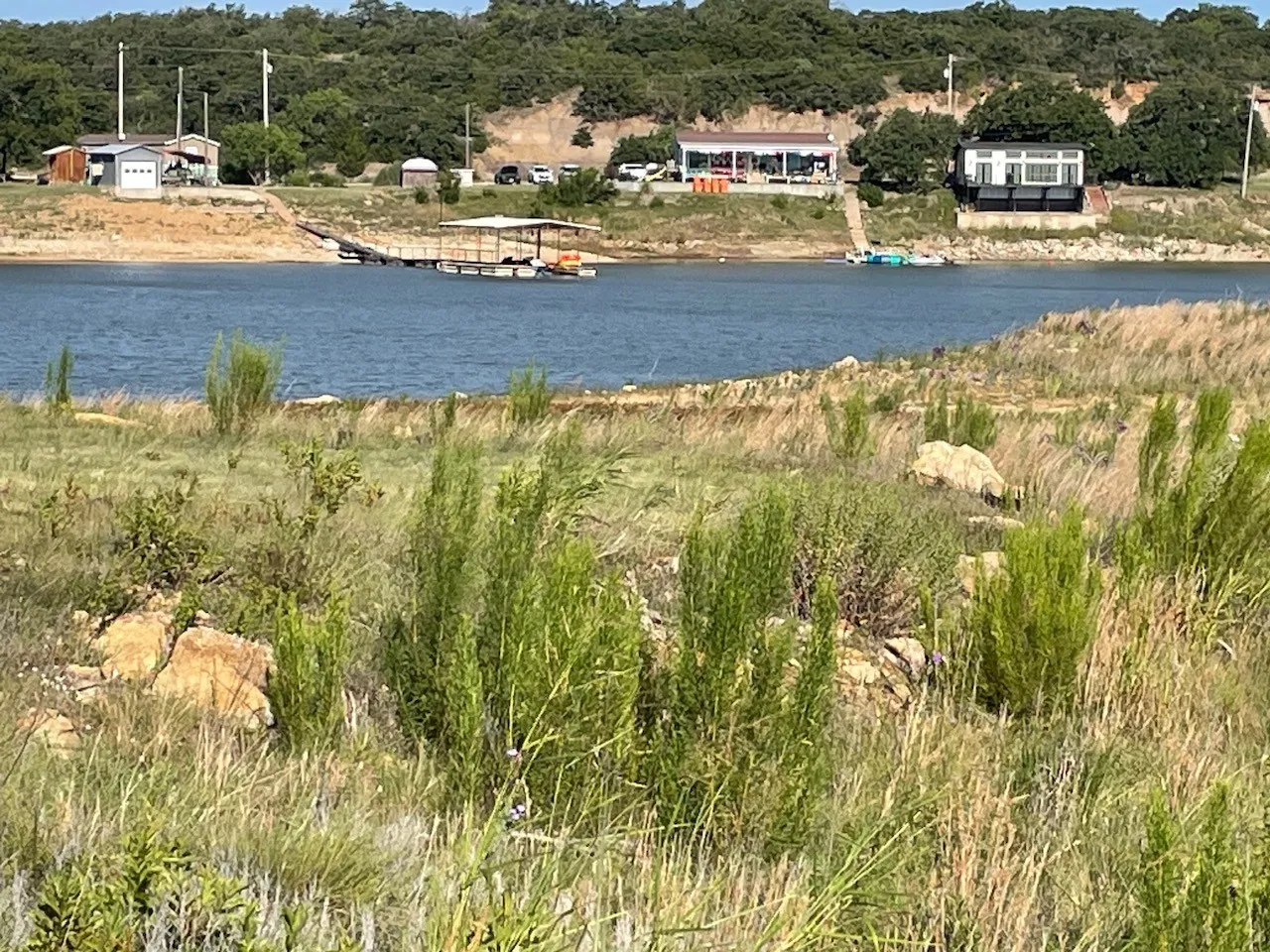 Waterfront property featuring a sloped, natural landscape with varied vegetation