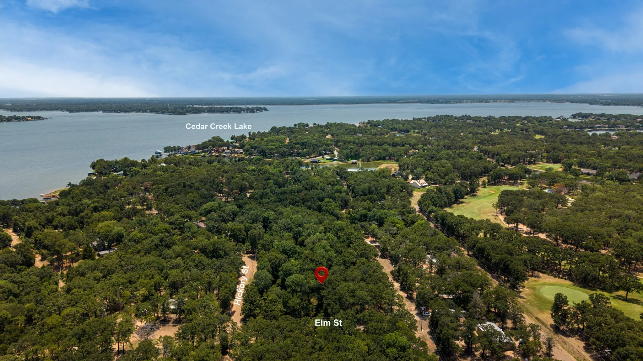 Cedar Creek Lake frontage, mature tree canopy, residential surroundings, golf course proximity, Elm Street access