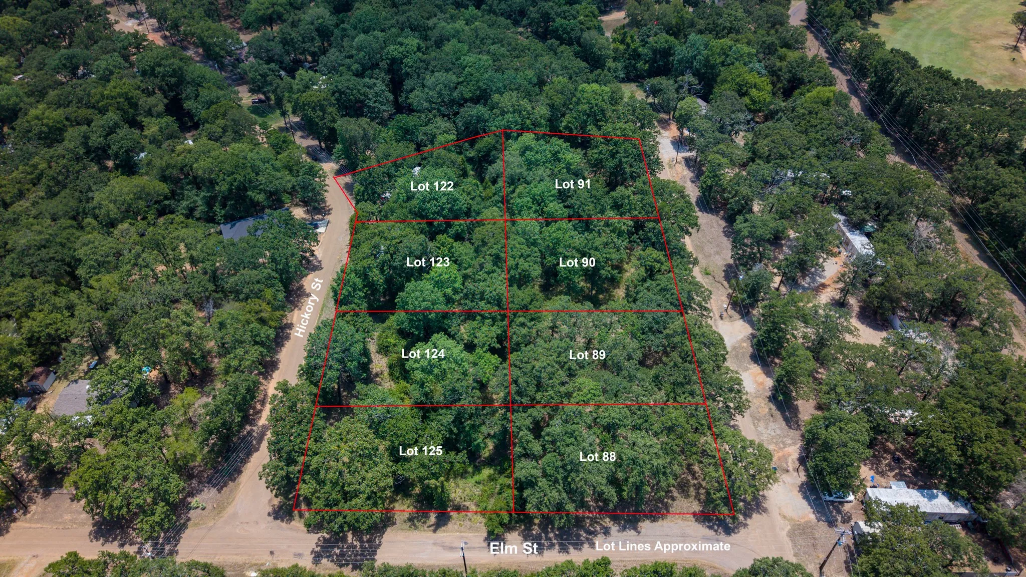 Multiple wooded lots available for development, featuring mature trees and street frontage on Elm Street and Hickory Street