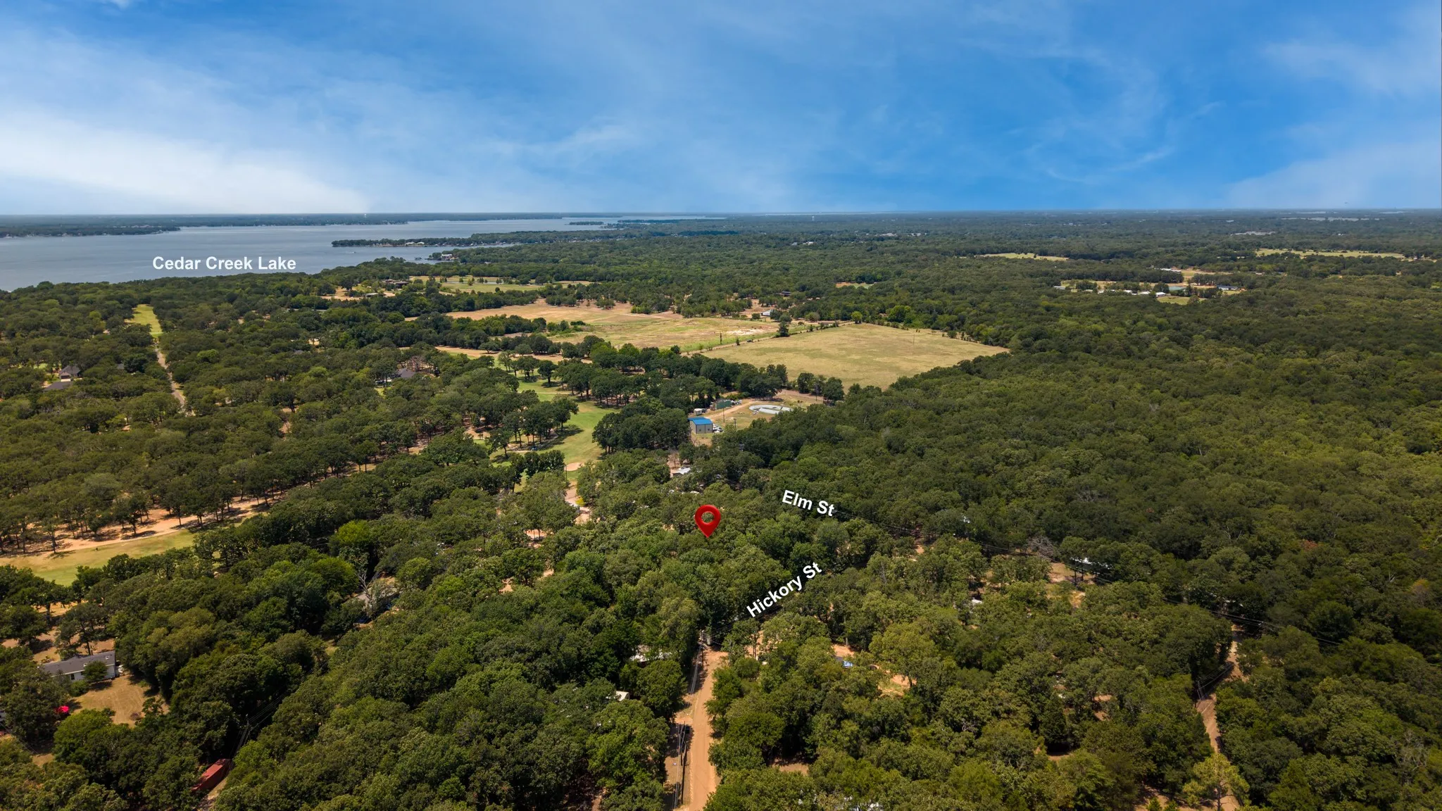 Aerial perspective with Cedar Creek Lake, extensive tree cover, and marked street names