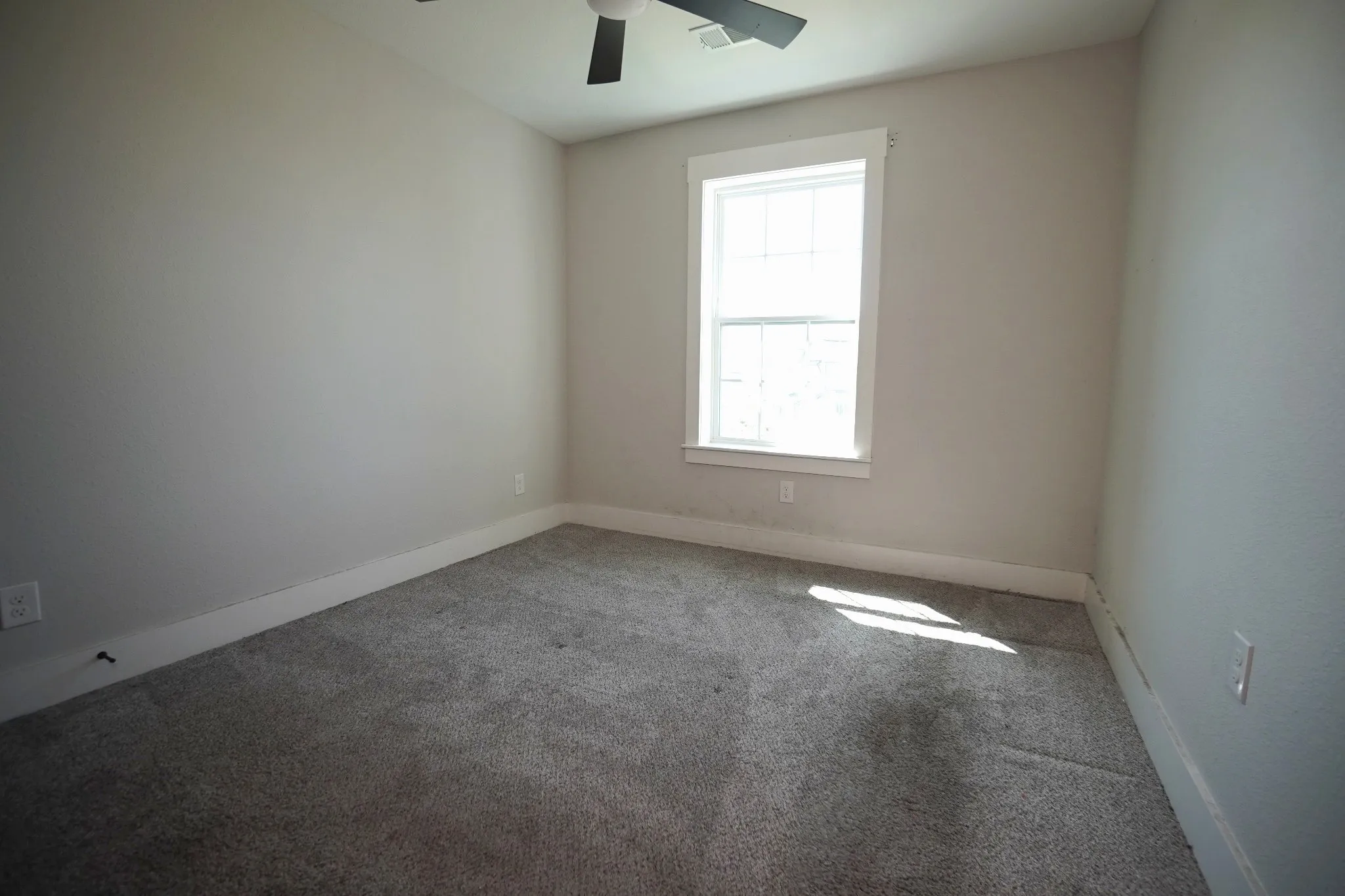 Carpeted flooring, white trim, window, and ceiling fan