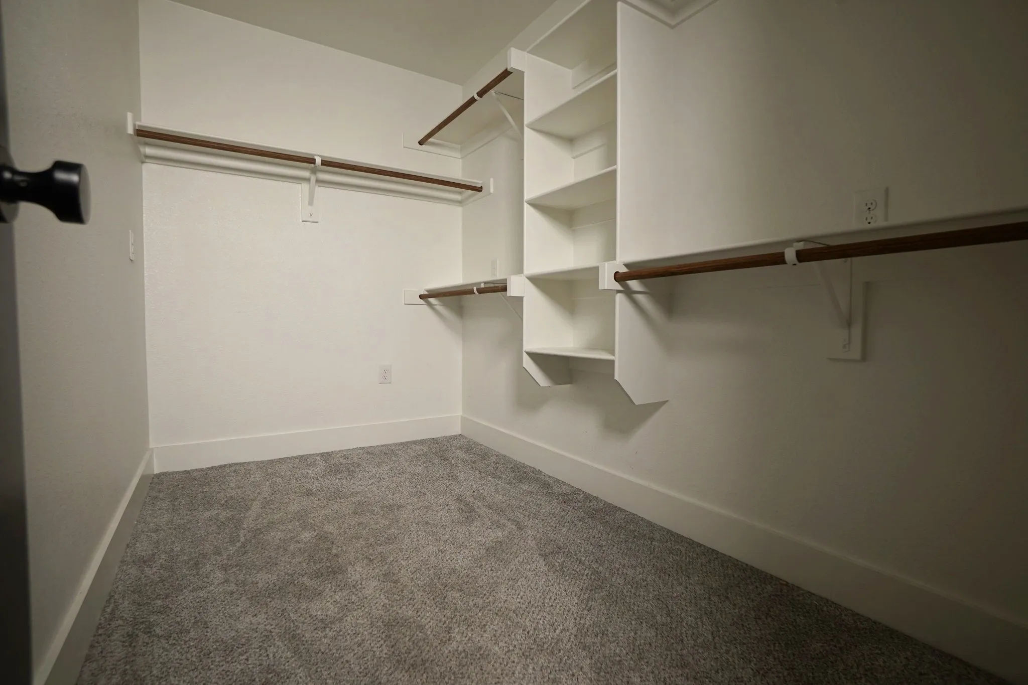 Walk-in closet with integrated shelving, multiple hanging rods, and carpeting